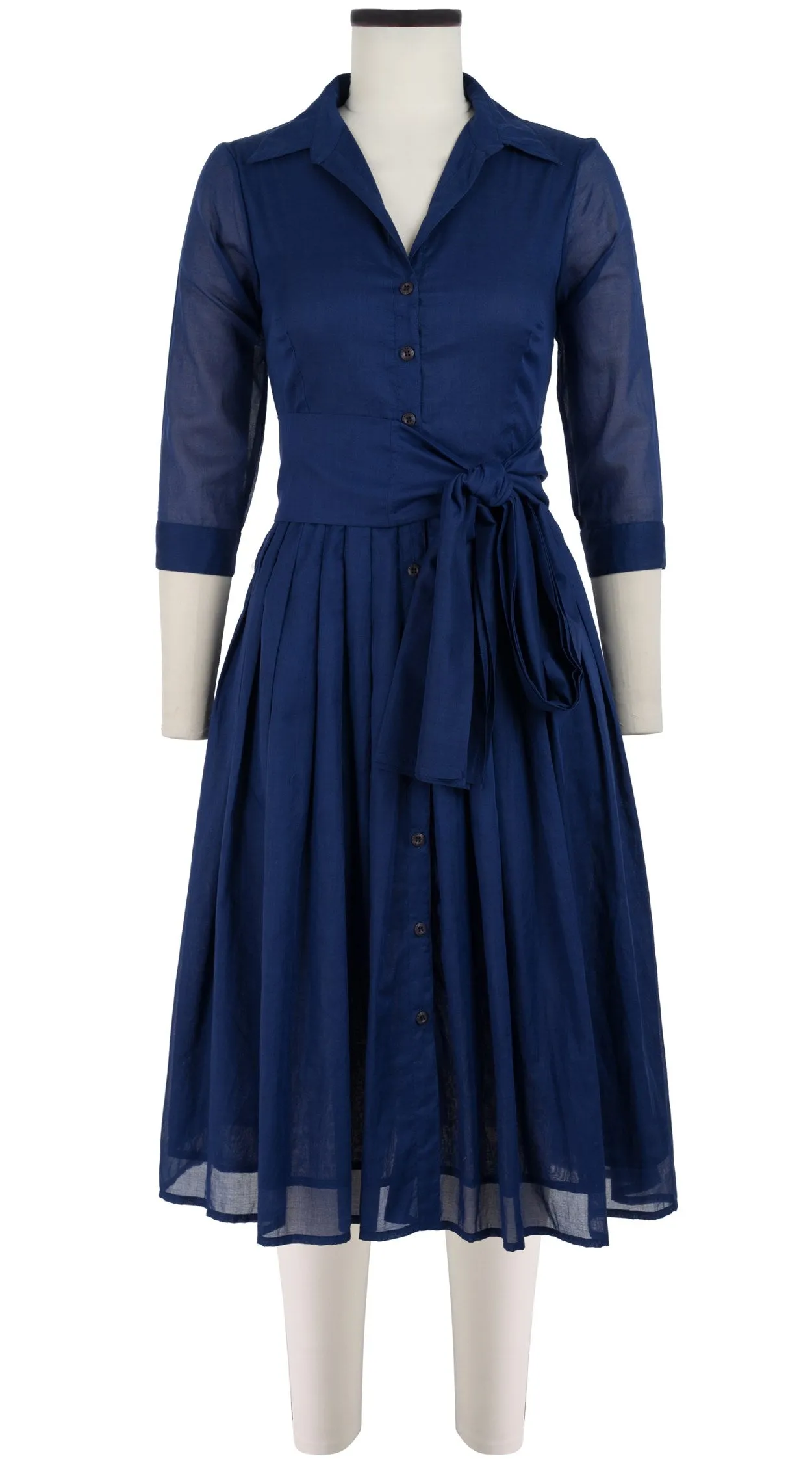 Audrey Dress #4 Shirt Collar 3/4 Sleeve Long Length Cotton Musola_Solid_Marine Blue