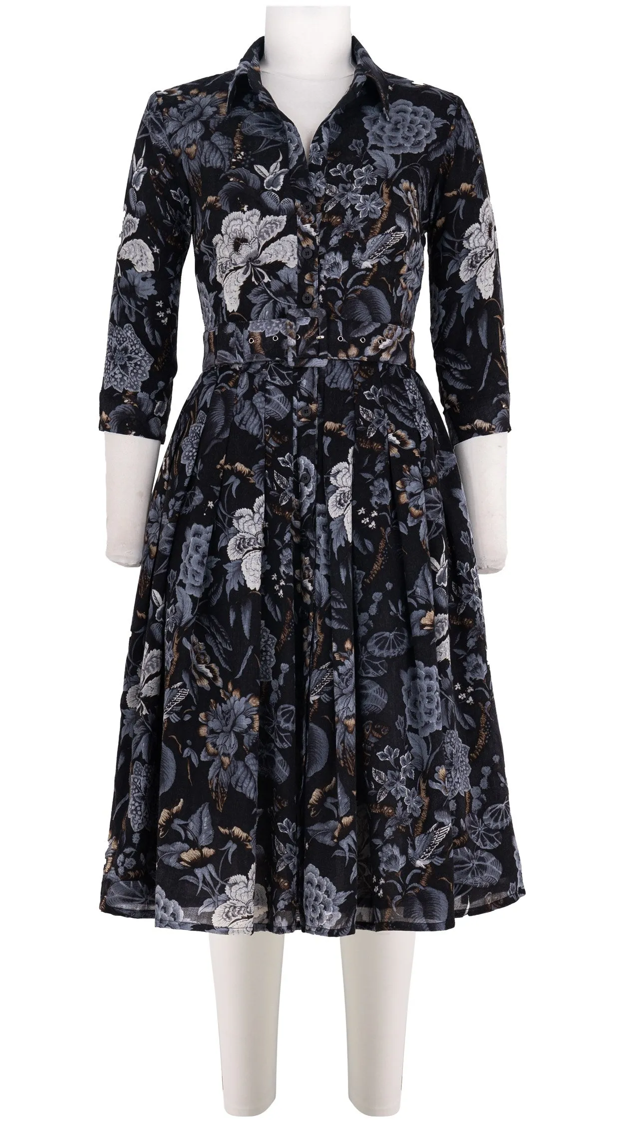 Audrey Dress #4 Shirt Collar 3/4 Sleeve Long Length Wool Musola (Hill Garden Dark)