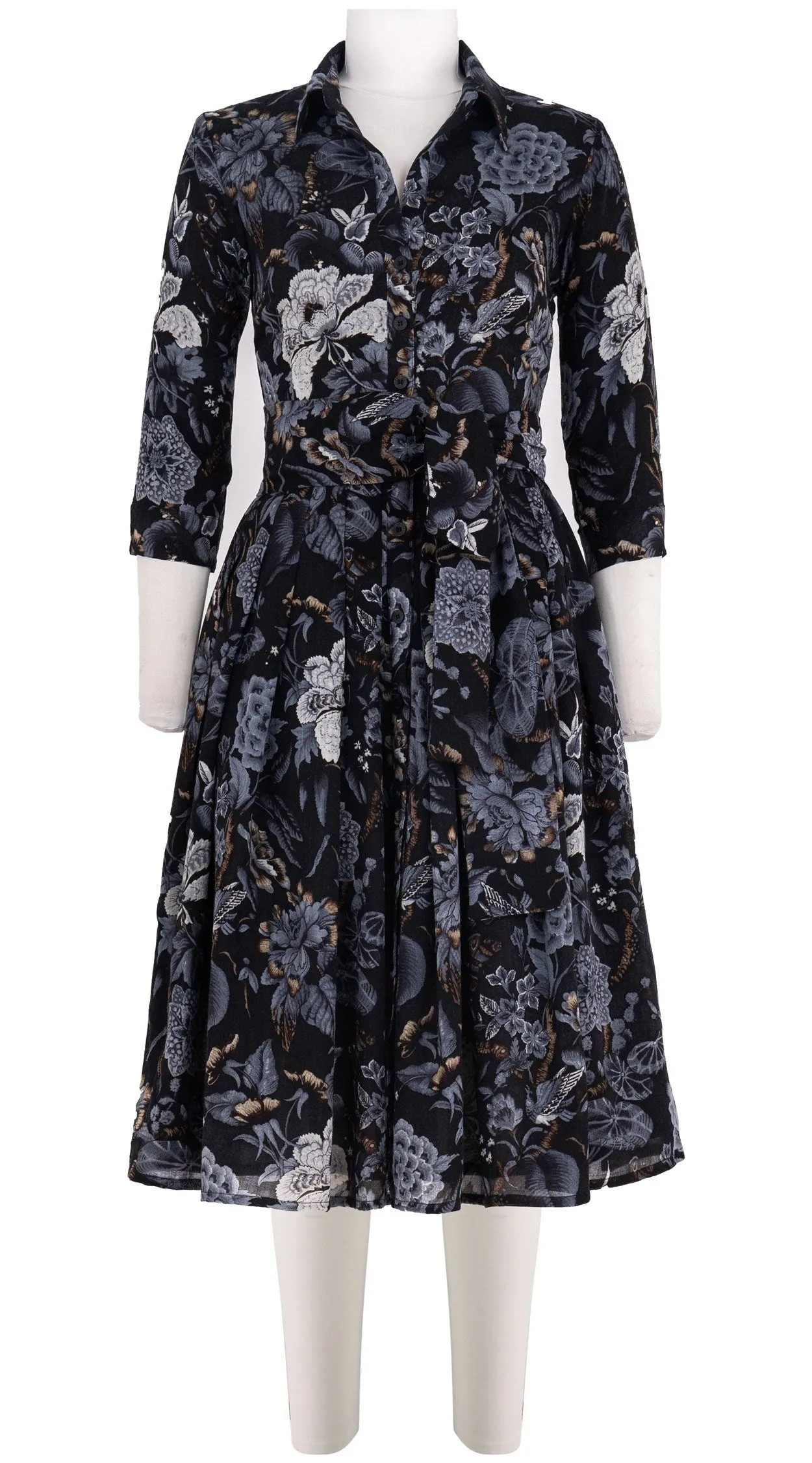 Audrey Dress #4 Shirt Collar 3/4 Sleeve Long Length Wool Musola (Hill Garden Dark)