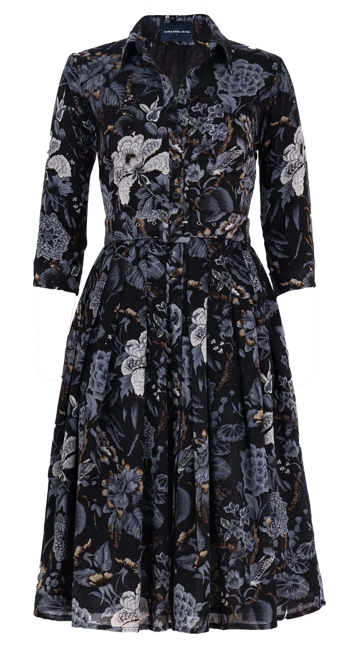 Audrey Dress #4 Shirt Collar 3/4 Sleeve Long Length Wool Musola (Hill Garden Dark)