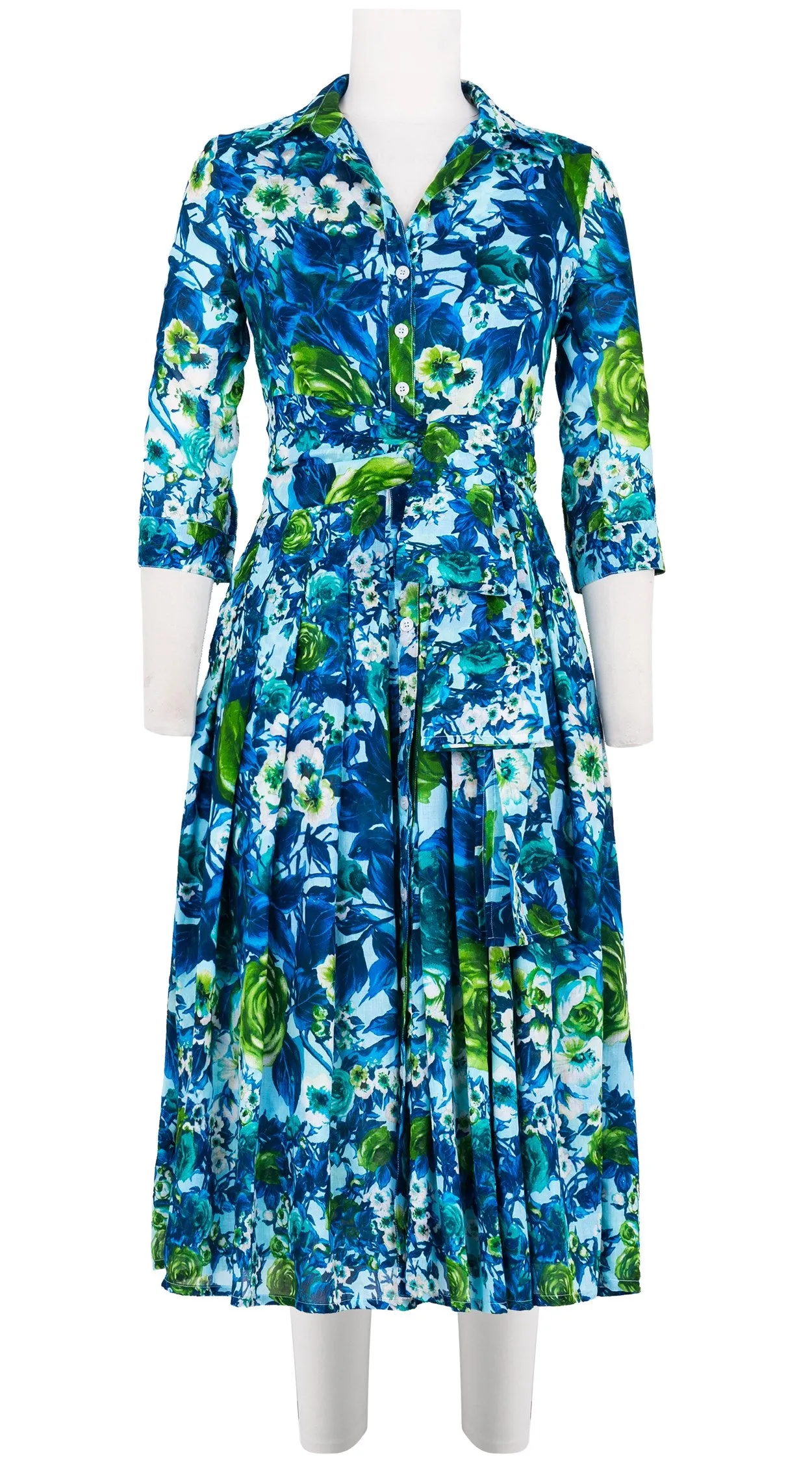 Audrey Dress #4 Shirt Collar 3/4 Sleeve Midi Length Cotton Musola (Rose Garden Small)