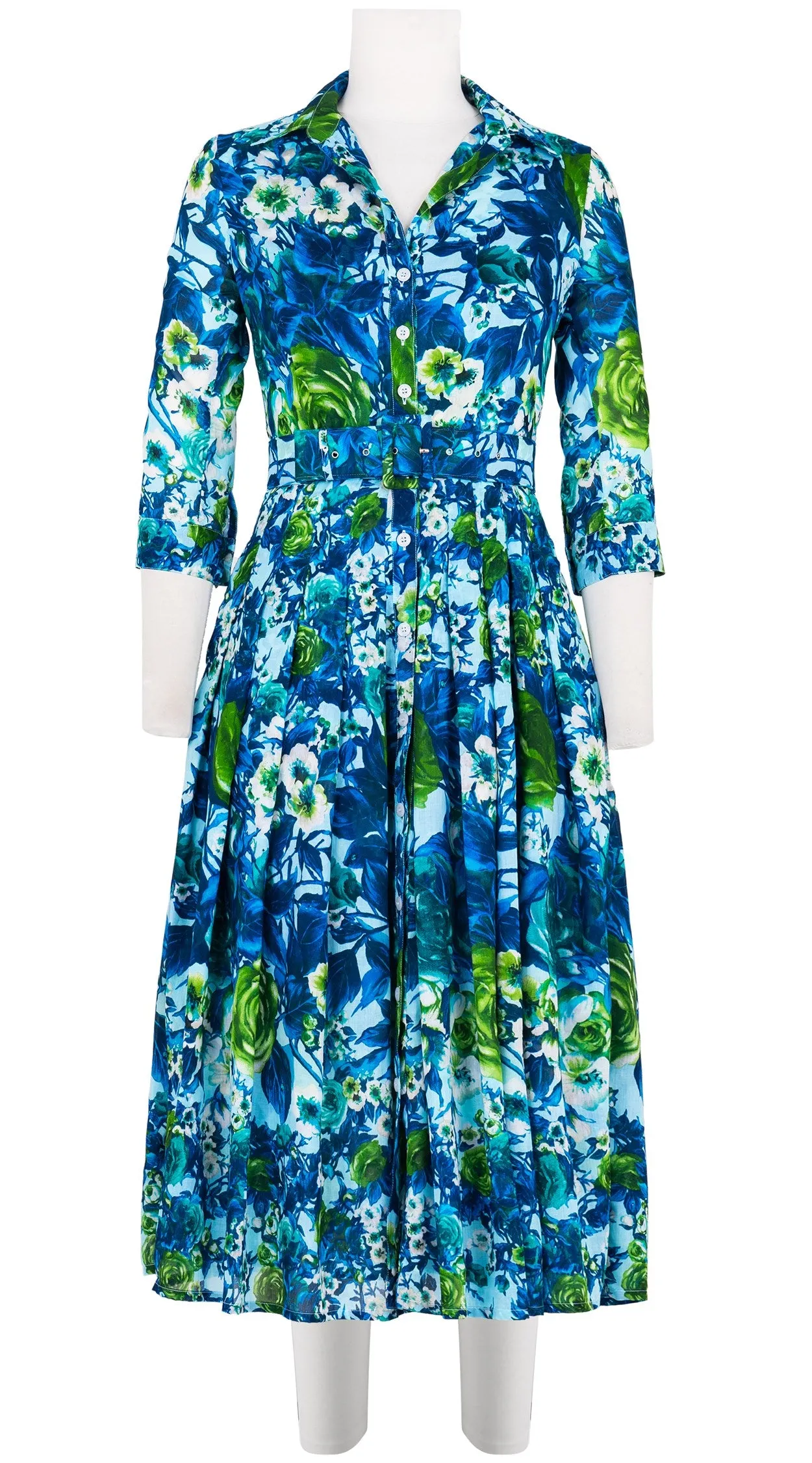 Audrey Dress #4 Shirt Collar 3/4 Sleeve Midi Length Cotton Musola (Rose Garden Small)