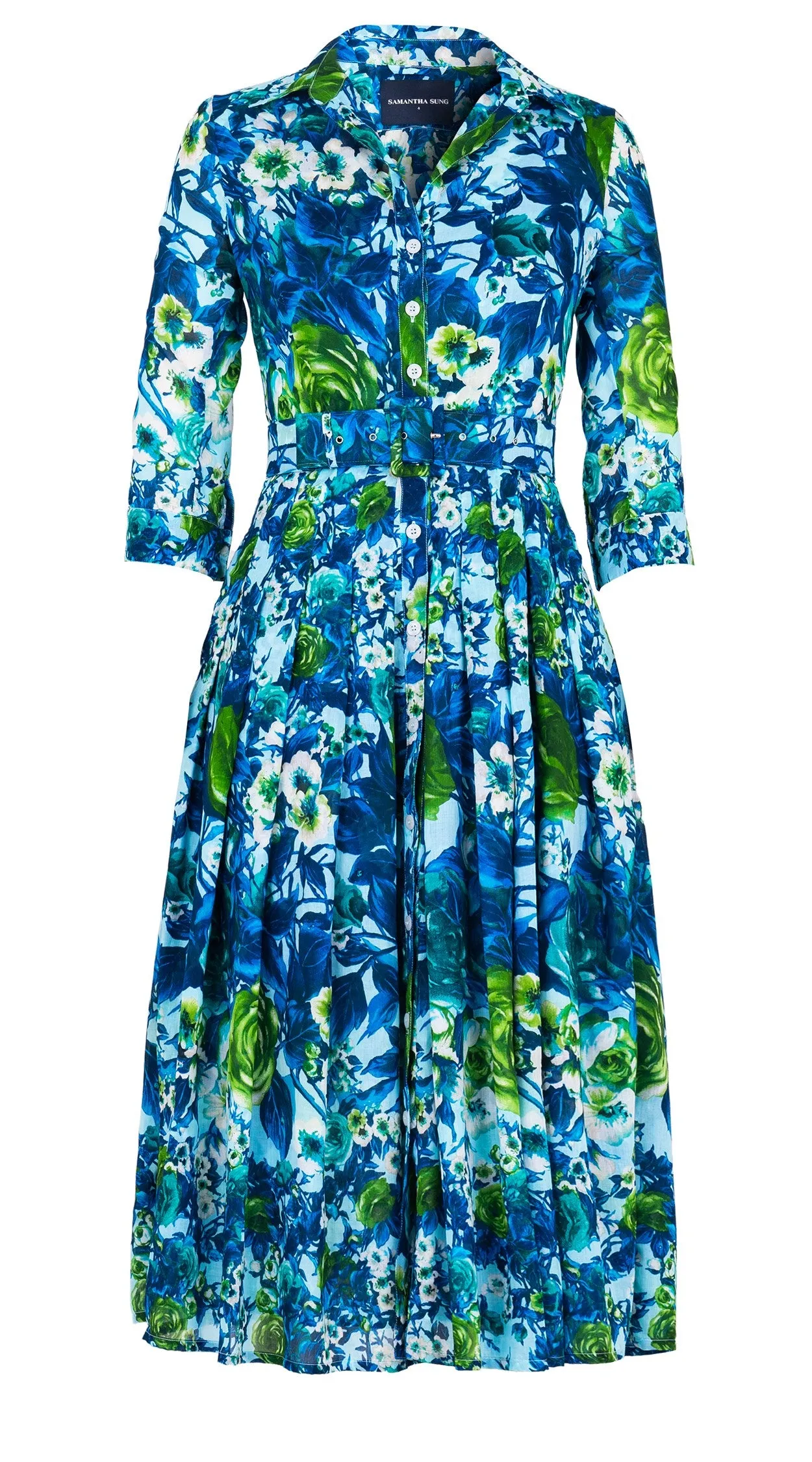 Audrey Dress #4 Shirt Collar 3/4 Sleeve Midi Length Cotton Musola (Rose Garden Small)