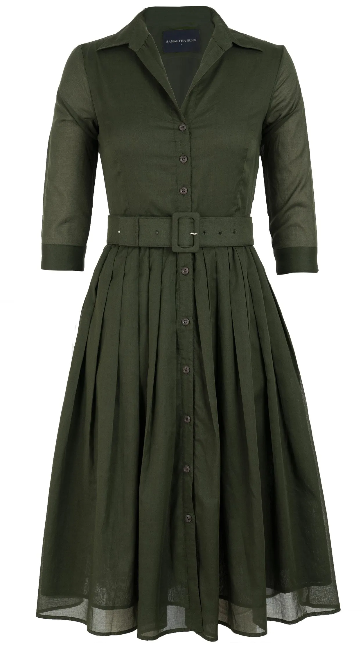 Audrey Dress #4 Shirt Collar 3/4 Sleeve Midi Length Cotton Musola_Solid_Khaki Green