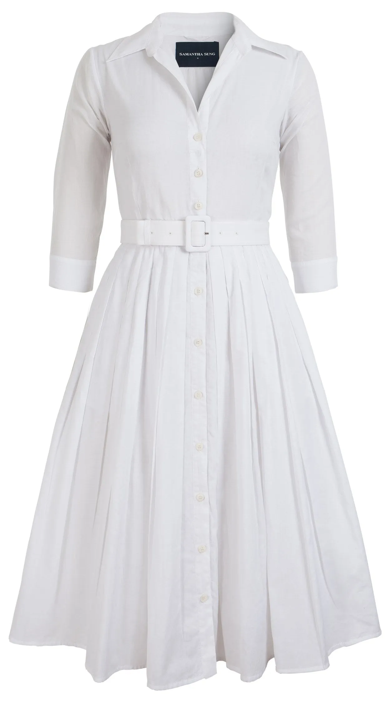 Audrey Dress #4 Shirt Collar 3/4 Sleeve Midi Length Cotton Musola_Solid_White