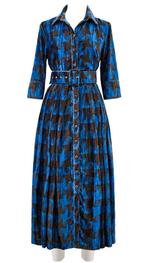 Audrey Dress #4 Shirt Collar 3/4 Sleeve Midi Length Velvet Vicose (Dogstooth Weaves Multi)