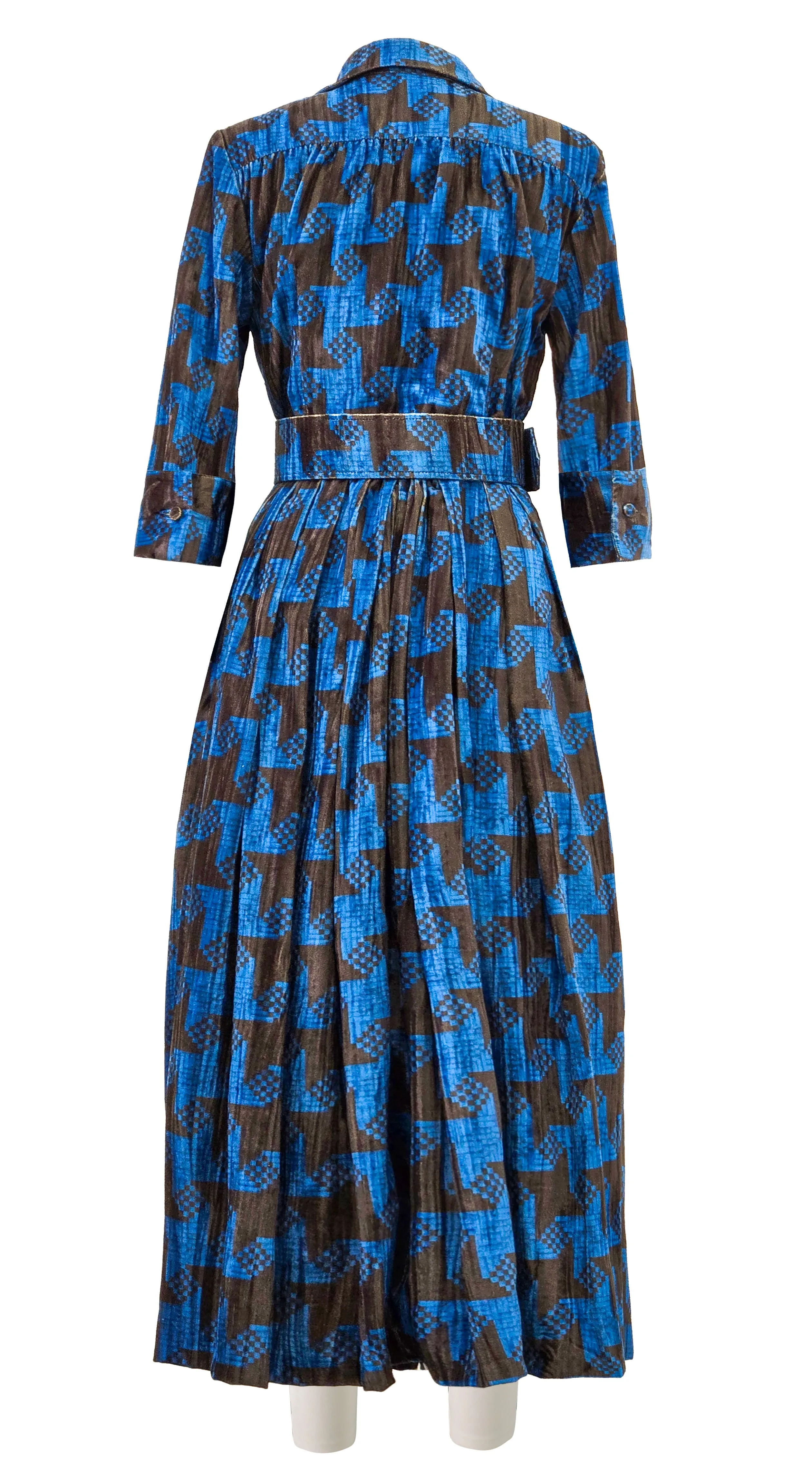 Audrey Dress #4 Shirt Collar 3/4 Sleeve Midi Length Velvet Vicose (Dogstooth Weaves Multi)