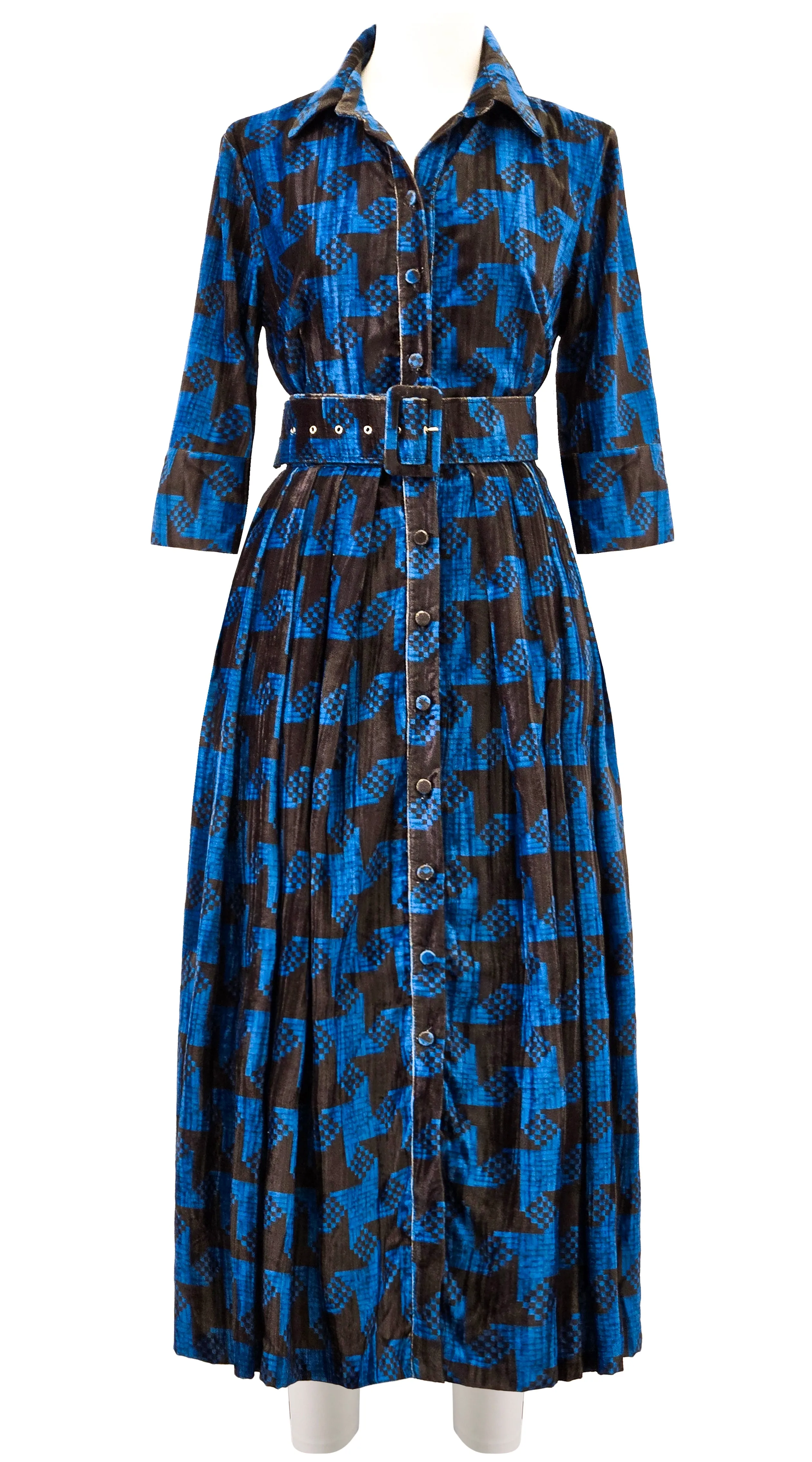 Audrey Dress #4 Shirt Collar 3/4 Sleeve Midi Length Velvet Vicose (Dogstooth Weaves Multi)