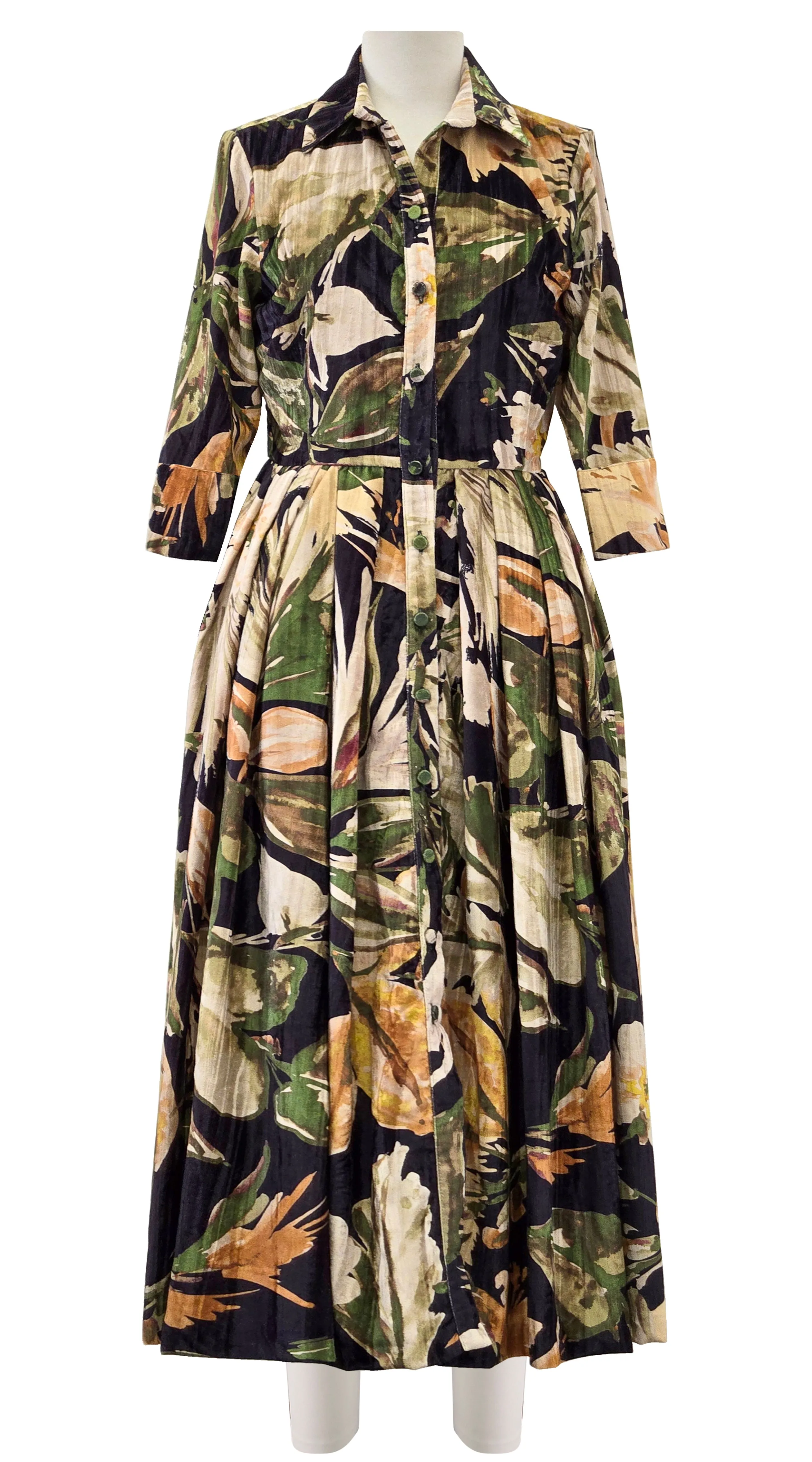 Audrey Dress #4 Shirt Collar 3/4 Sleeve Midi Length Velvet Vicose (Mozambique Flower Multi)