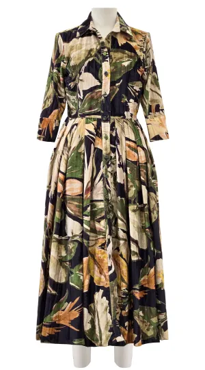 Audrey Dress #4 Shirt Collar 3/4 Sleeve Midi Length Velvet Vicose (Mozambique Flower Multi)