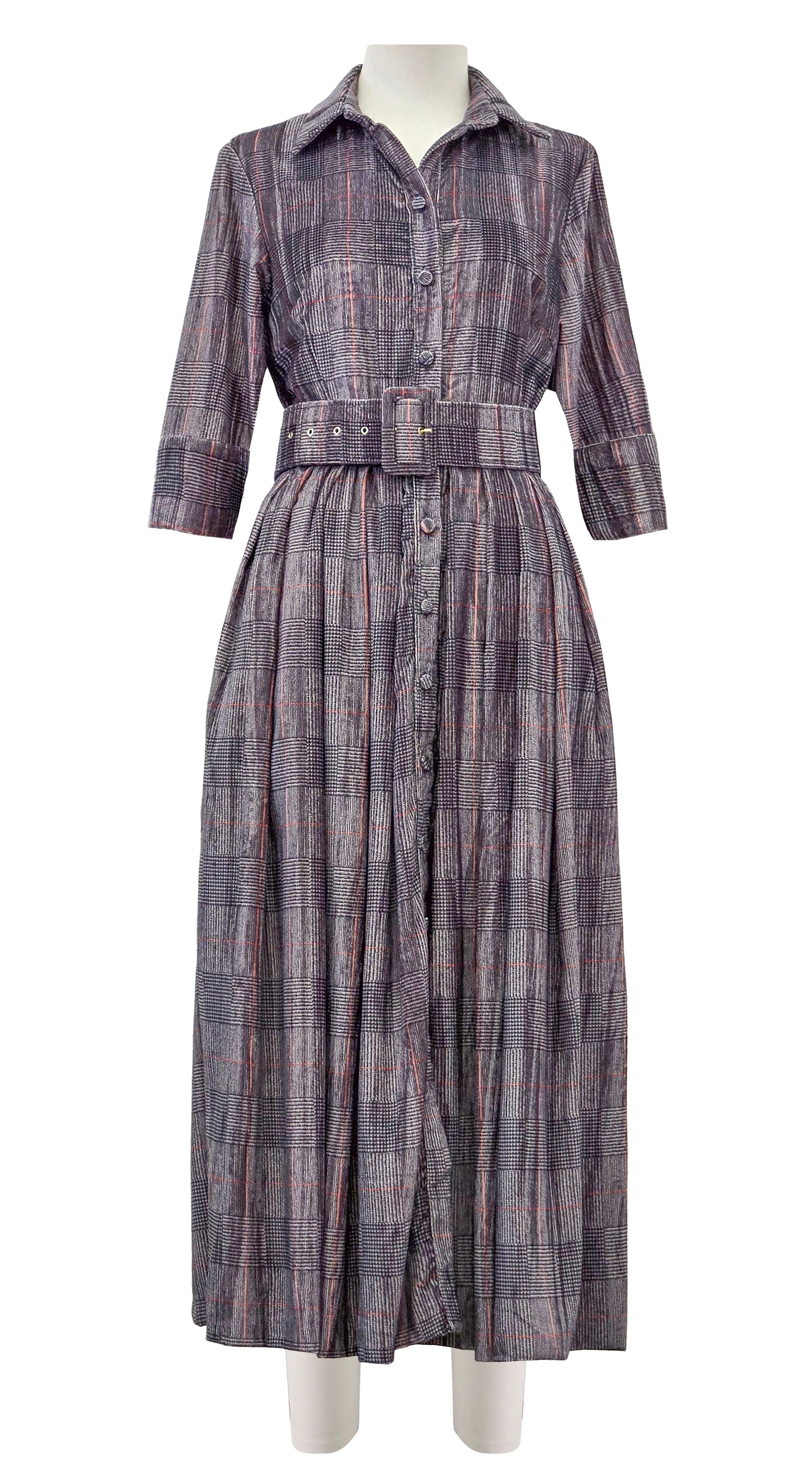 Audrey Dress #4 Shirt Collar 3/4 Sleeve Midi Length Velvet Vicose (Savile Row Check Ivory)