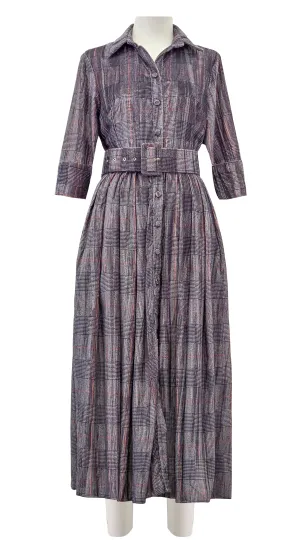 Audrey Dress #4 Shirt Collar 3/4 Sleeve Midi Length Velvet Vicose (Savile Row Check Ivory)