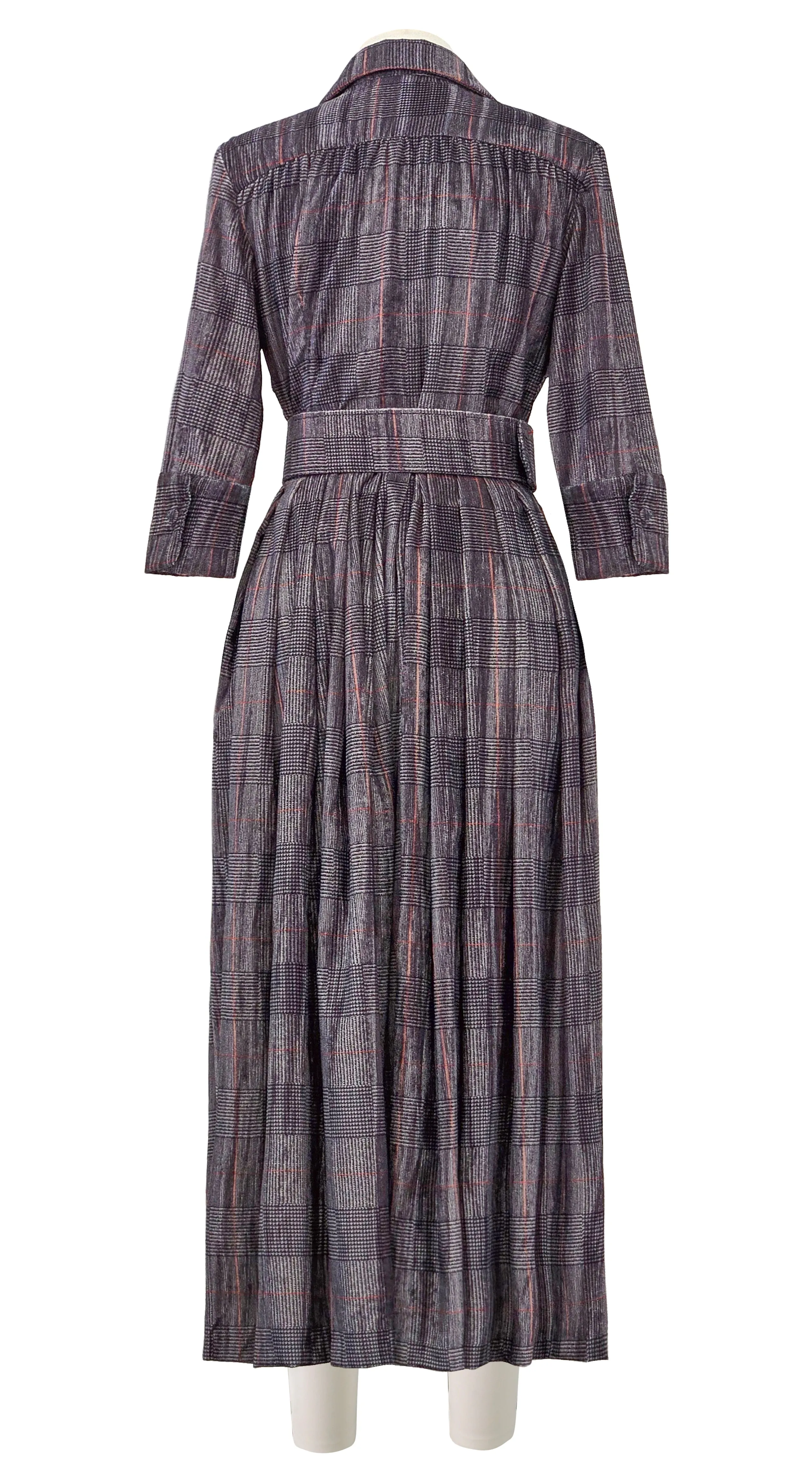 Audrey Dress #4 Shirt Collar 3/4 Sleeve Midi Length Velvet Vicose (Savile Row Check Ivory)