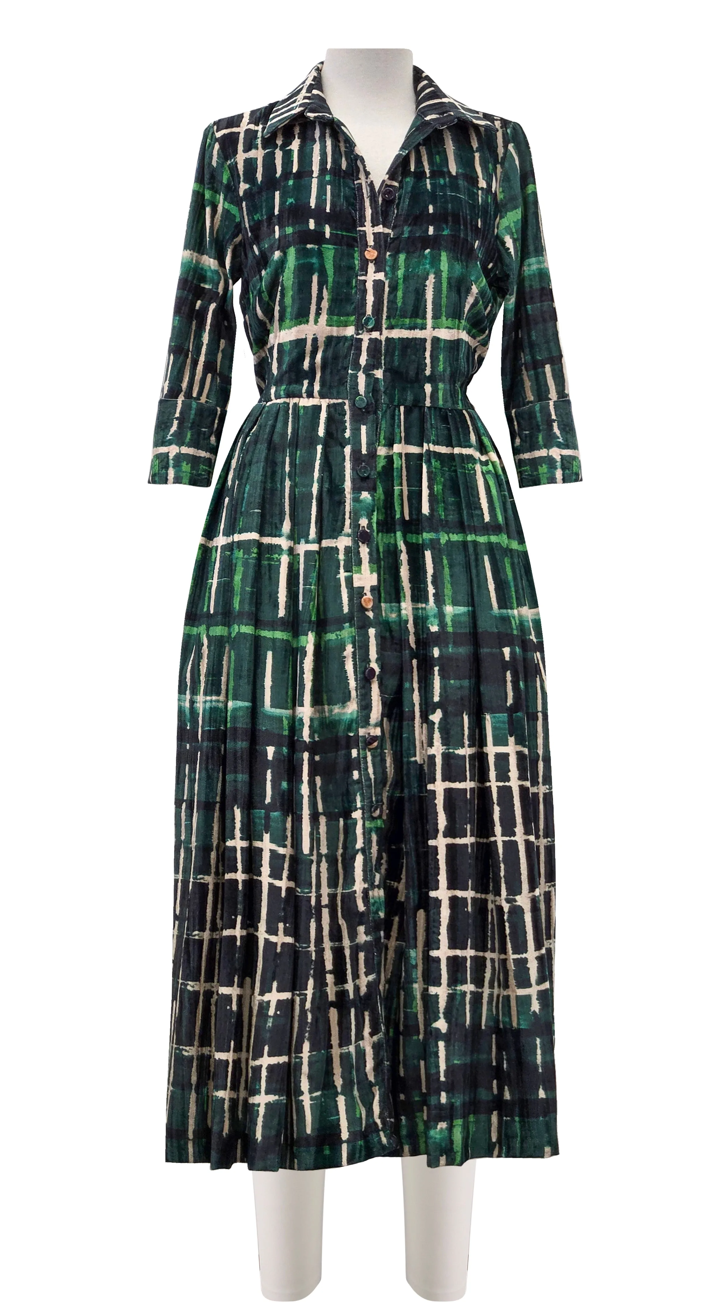 Audrey Dress #4 Shirt Collar 3/4 Sleeve Midi Length Velvet Vicose (Watercolor Plaid)