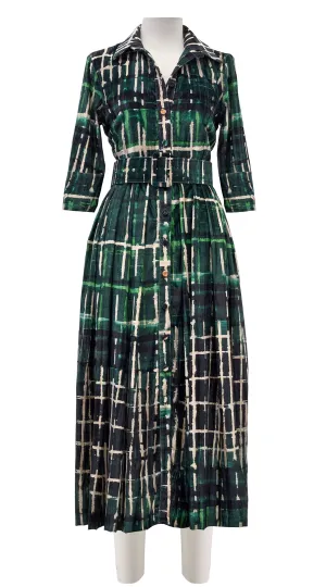 Audrey Dress #4 Shirt Collar 3/4 Sleeve Midi Length Velvet Vicose (Watercolor Plaid)