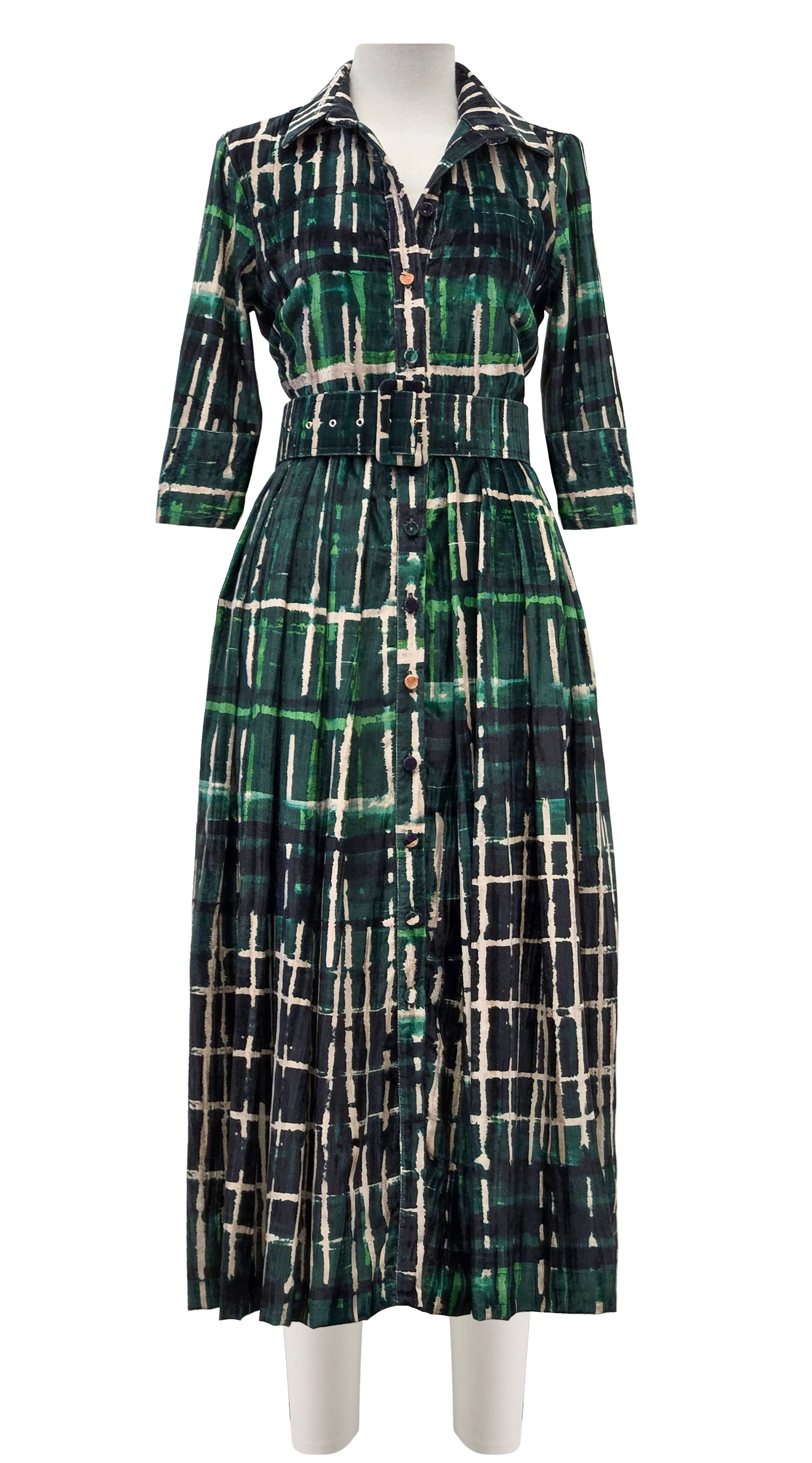Audrey Dress #4 Shirt Collar 3/4 Sleeve Midi Length Velvet Vicose (Watercolor Plaid)