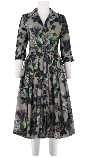 Audrey Dress #4 Shirt Collar 3/4 Sleeve Midi Length Wool Musola (Charlotte Rose Big Dark)