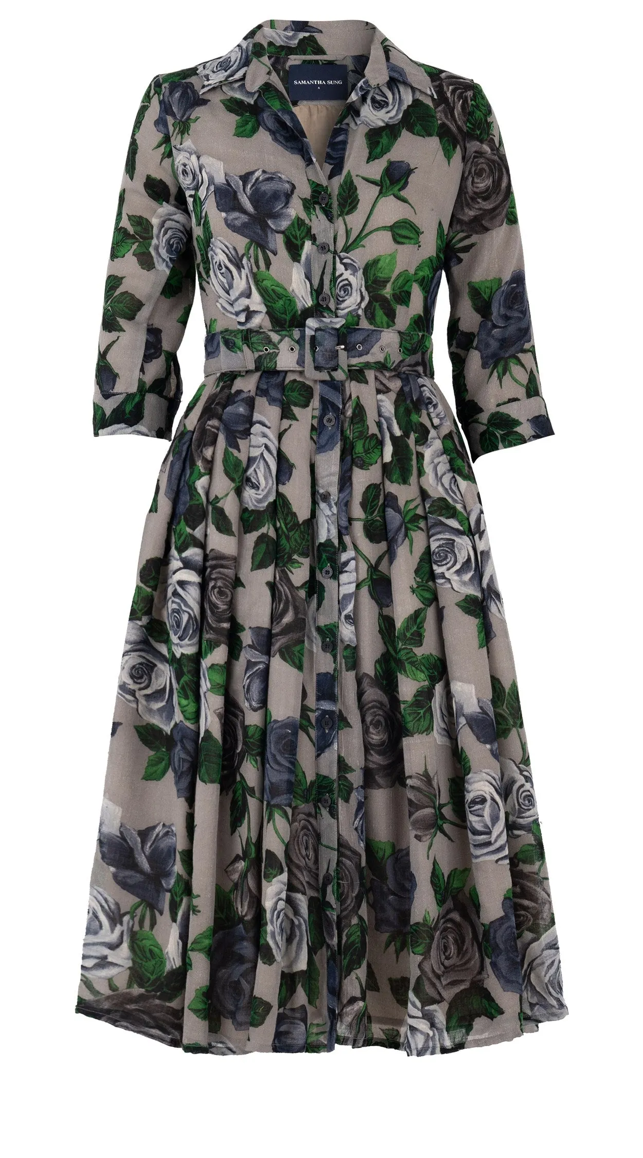 Audrey Dress #4 Shirt Collar 3/4 Sleeve Midi Length Wool Musola (Charlotte Rose Big Dark)