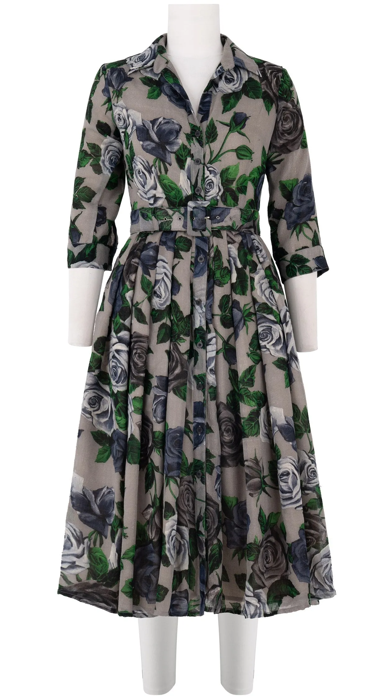 Audrey Dress #4 Shirt Collar 3/4 Sleeve Midi Length Wool Musola (Charlotte Rose Big Dark)