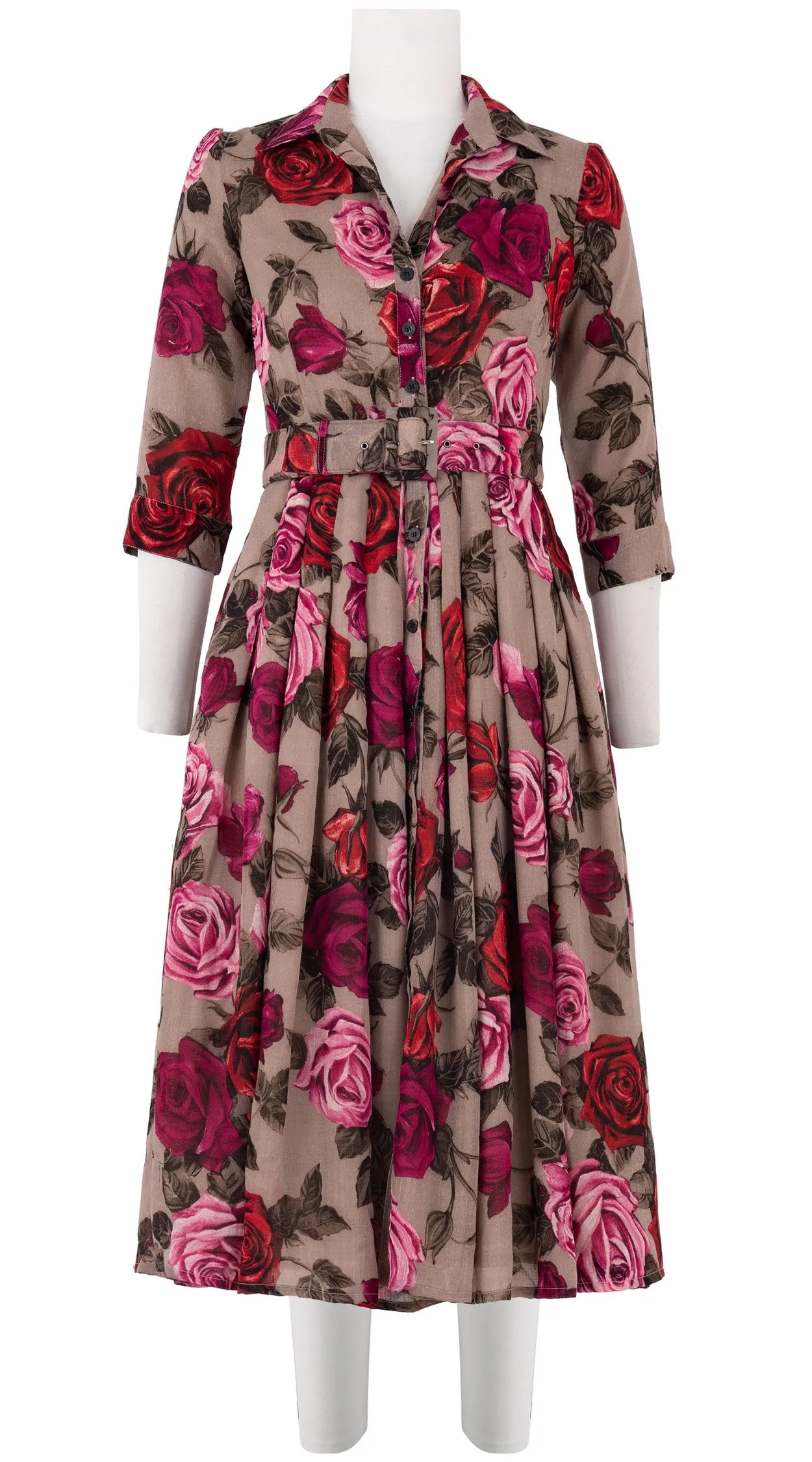 Audrey Dress #4 Shirt Collar 3/4 Sleeve Midi Length Wool Musola (Charlotte Rose Big Dark)