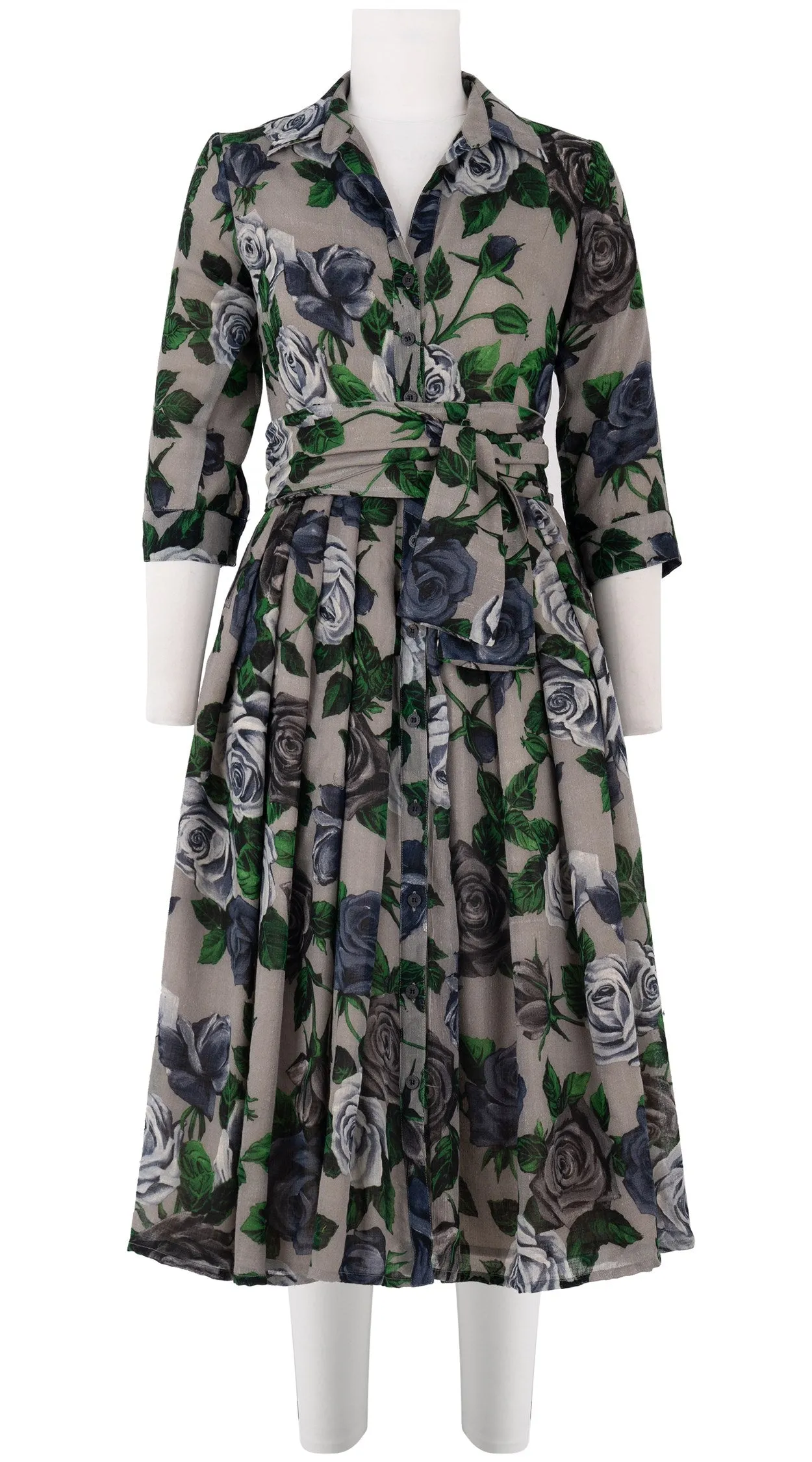 Audrey Dress #4 Shirt Collar 3/4 Sleeve Midi Length Wool Musola (Charlotte Rose Big Dark)