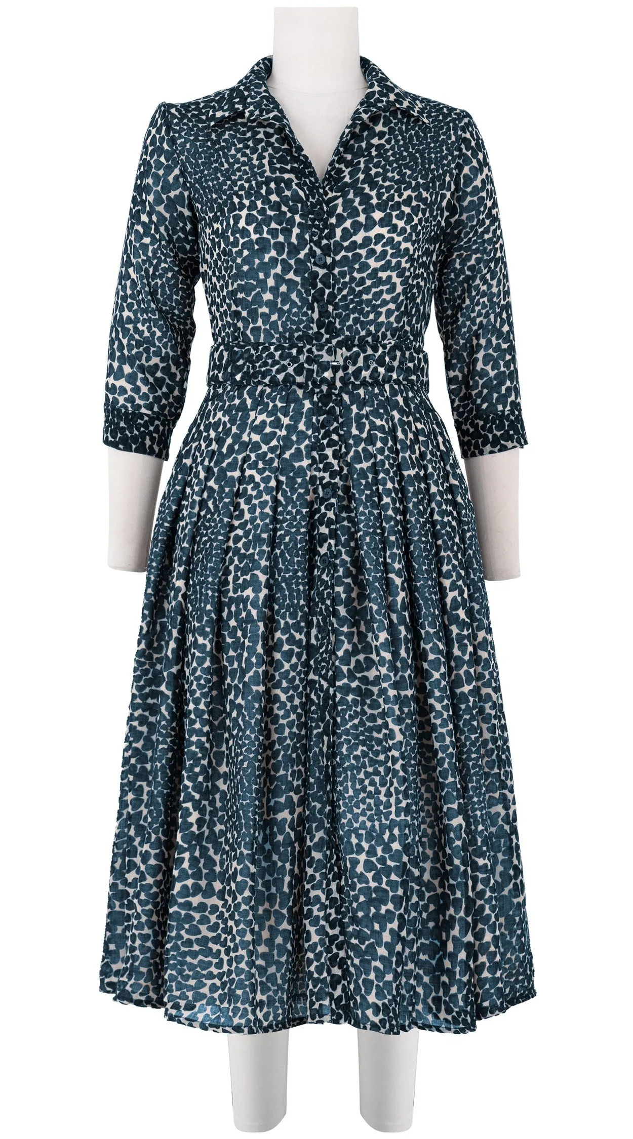Audrey Dress #4 Shirt Collar 3/4 Sleeve Midi Length Wool Musola (Heart Wave)