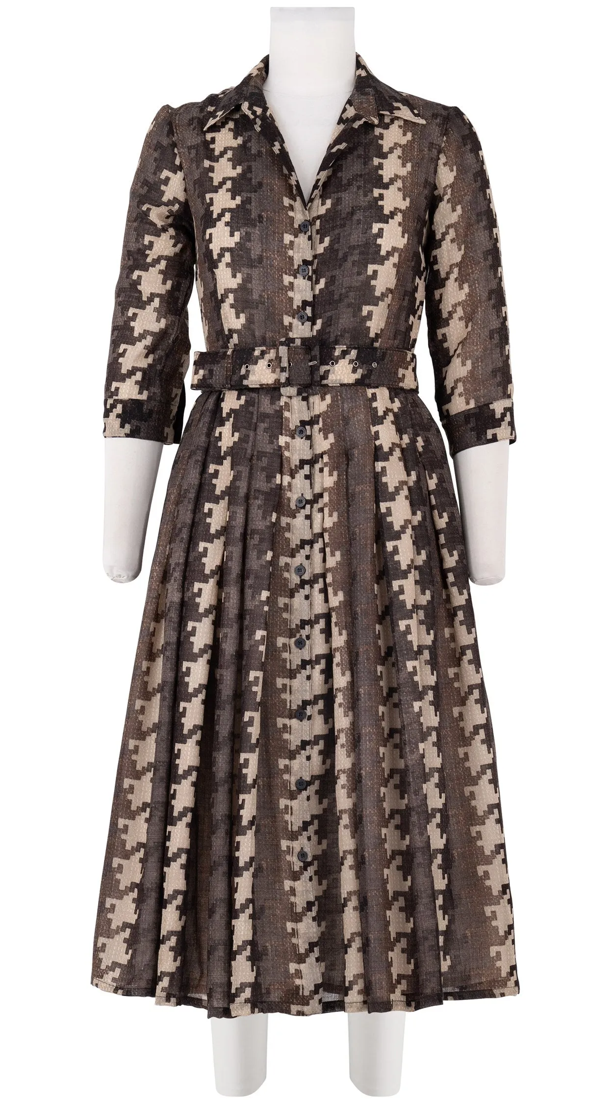 Audrey Dress #4 Shirt Collar 3/4 Sleeve Midi Length Wool Musola (Houndstooth Multi)