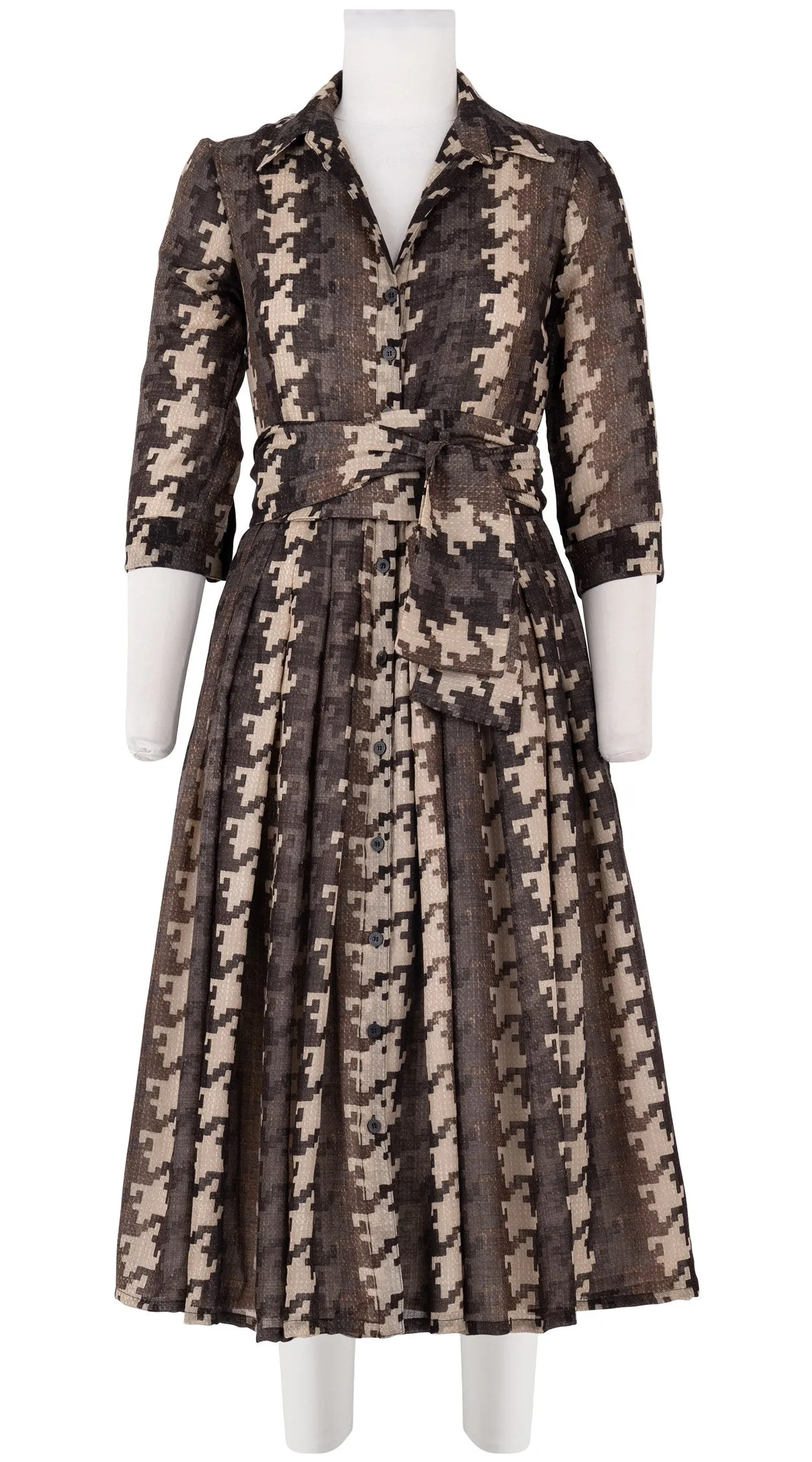 Audrey Dress #4 Shirt Collar 3/4 Sleeve Midi Length Wool Musola (Houndstooth Multi)