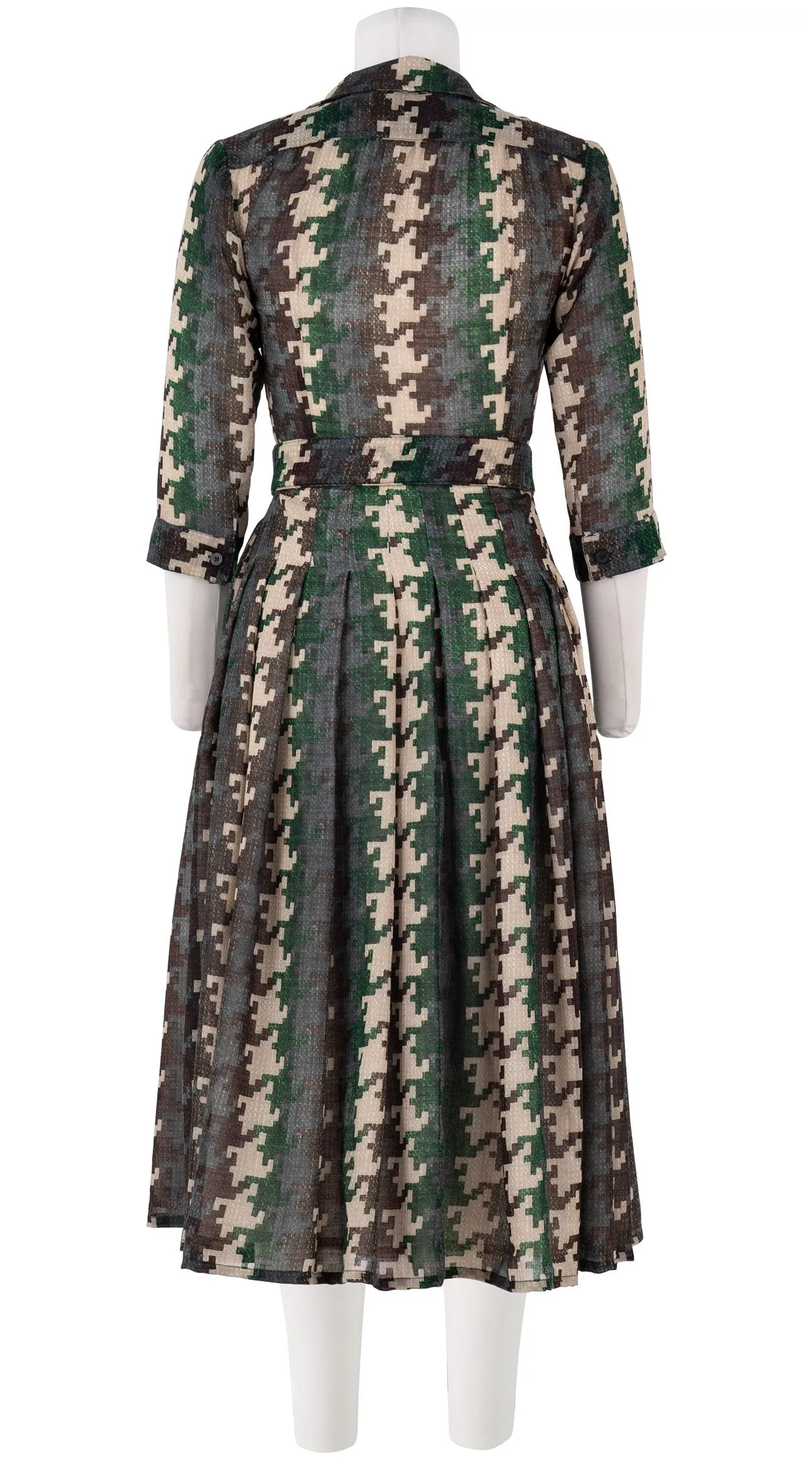 Audrey Dress #4 Shirt Collar 3/4 Sleeve Midi Length Wool Musola (Houndstooth Multi)