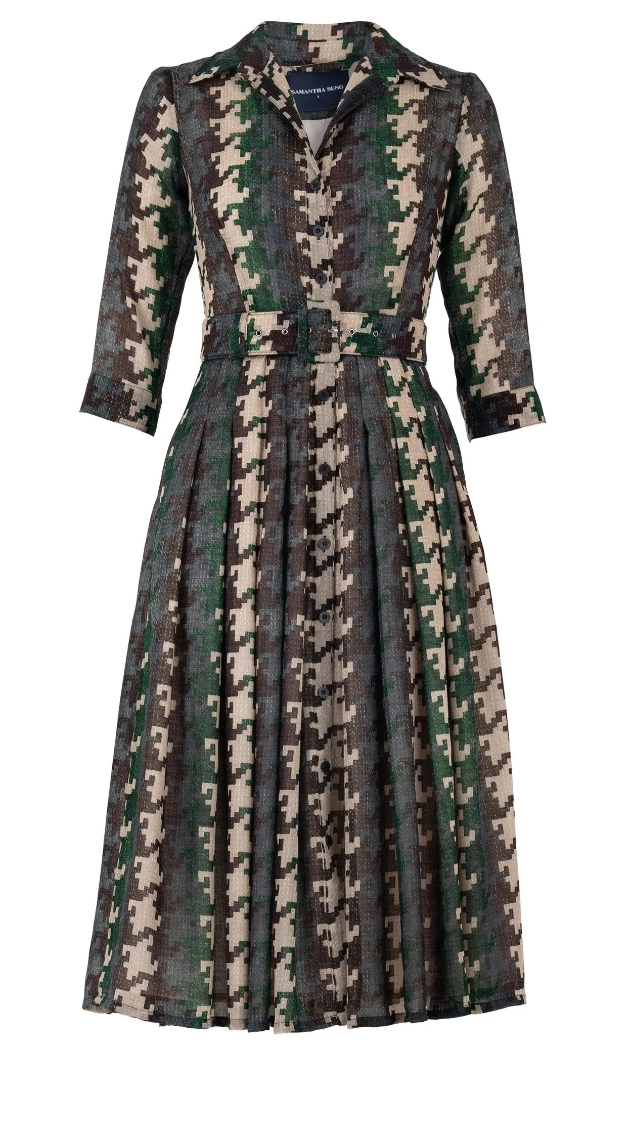 Audrey Dress #4 Shirt Collar 3/4 Sleeve Midi Length Wool Musola (Houndstooth Multi)