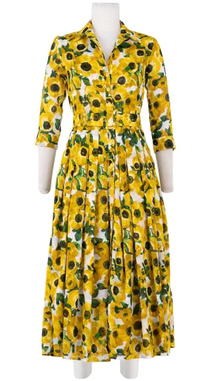 Audrey Dress #4 Shirt Collar 3/4 Sleeve Midi Plus Length Cotton Musola (Anemone Fokker Small White)