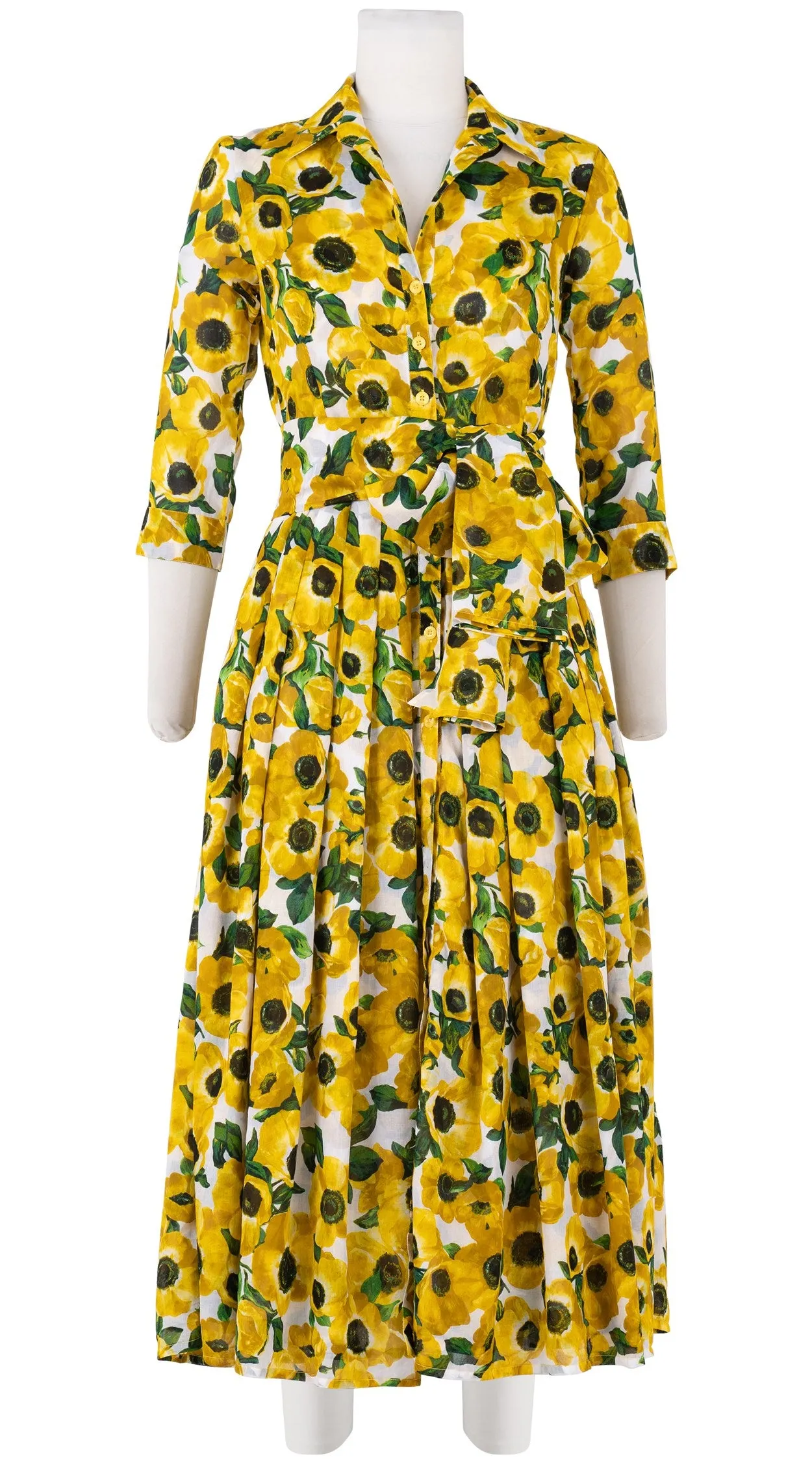 Audrey Dress #4 Shirt Collar 3/4 Sleeve Midi Plus Length Cotton Musola (Anemone Fokker Small White)