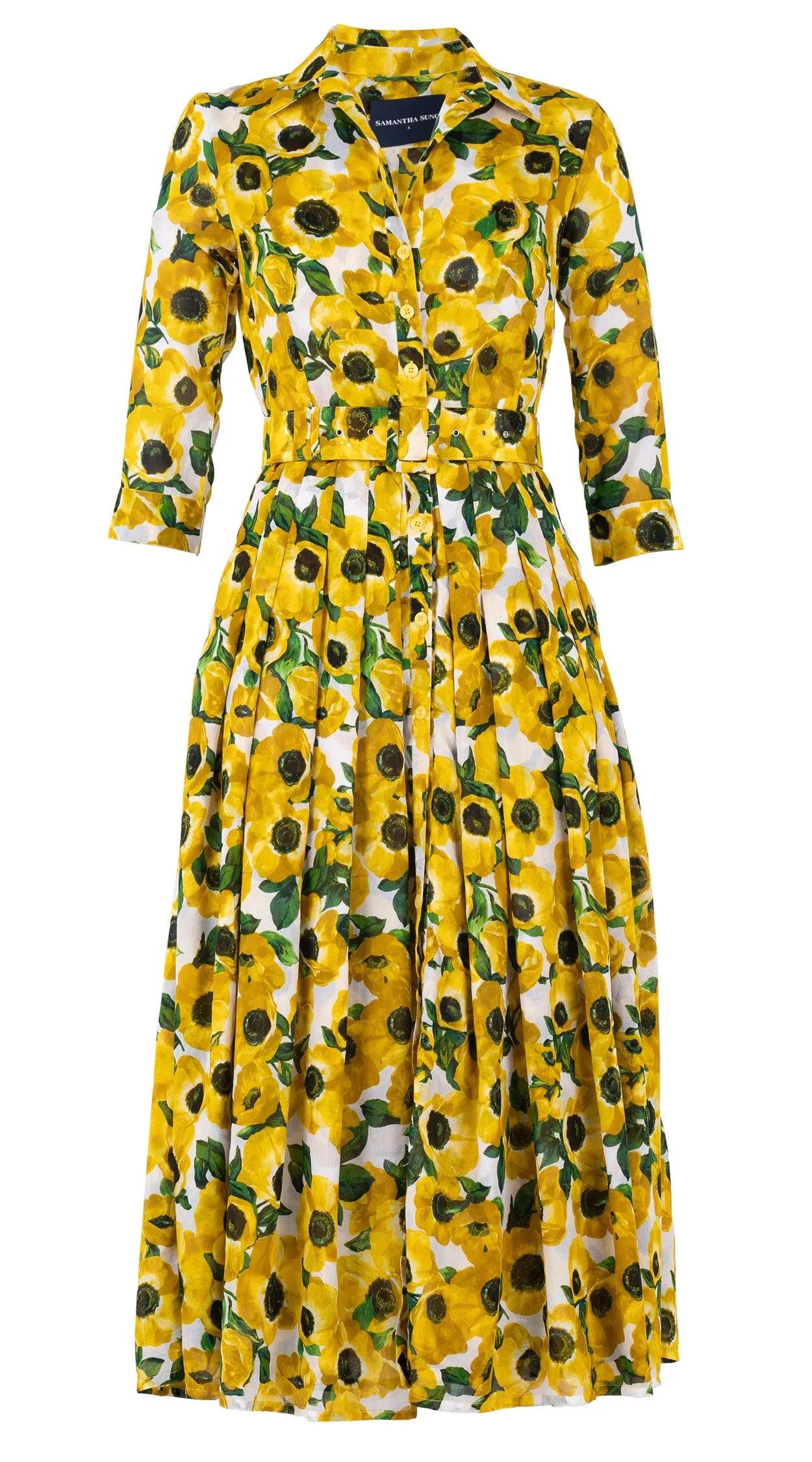 Audrey Dress #4 Shirt Collar 3/4 Sleeve Midi Plus Length Cotton Musola (Anemone Fokker Small White)