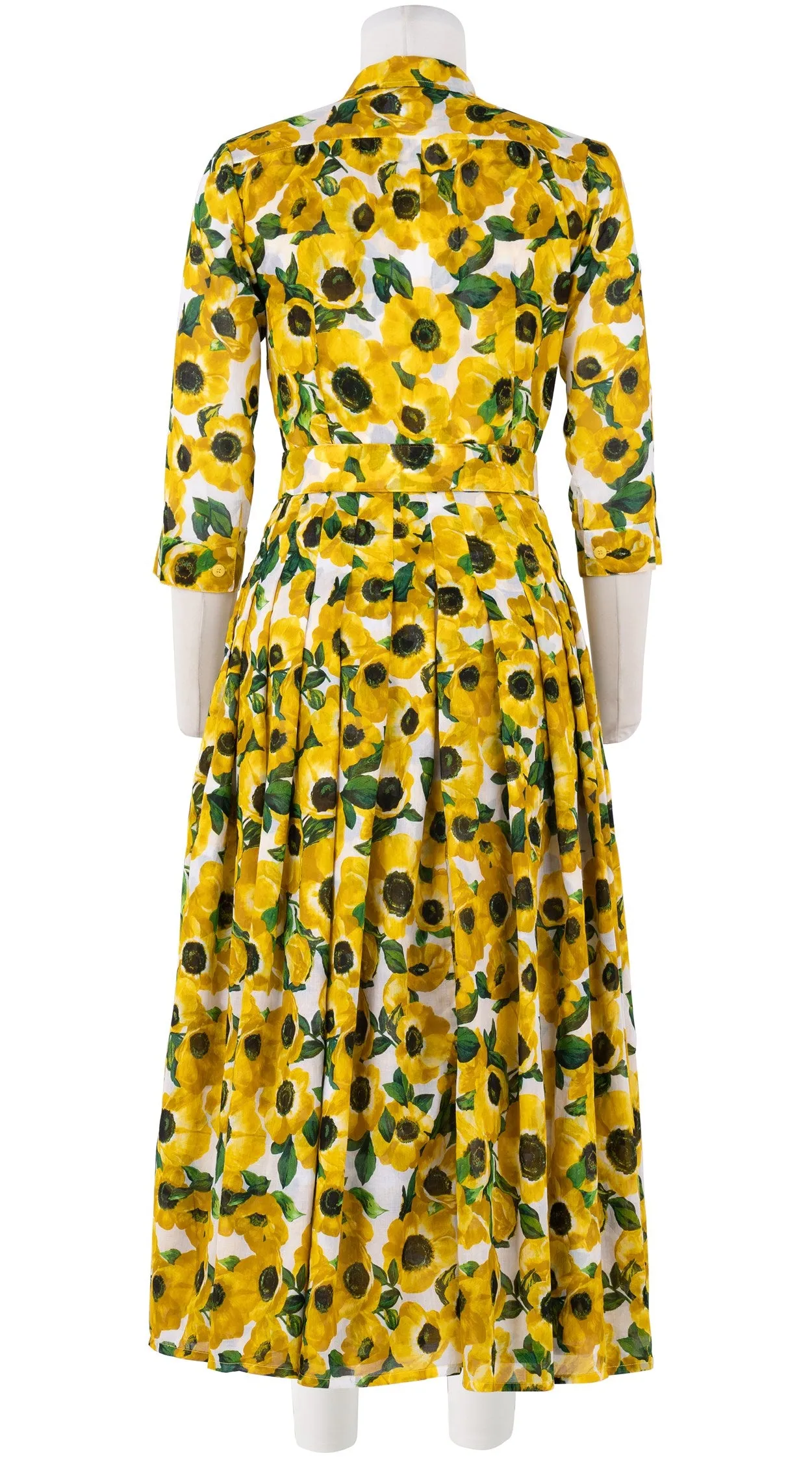 Audrey Dress #4 Shirt Collar 3/4 Sleeve Midi Plus Length Cotton Musola (Anemone Fokker Small White)