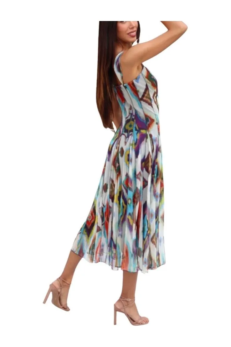 Azteca Sleeveless Mid Calf Fit N Flare Mesh Dress
