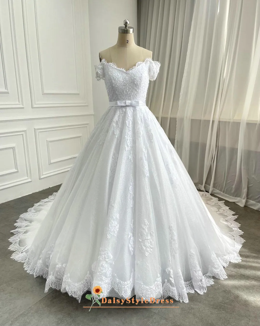 Ball Gown Off Shoulder Sleeve White Lace Wedding Dress