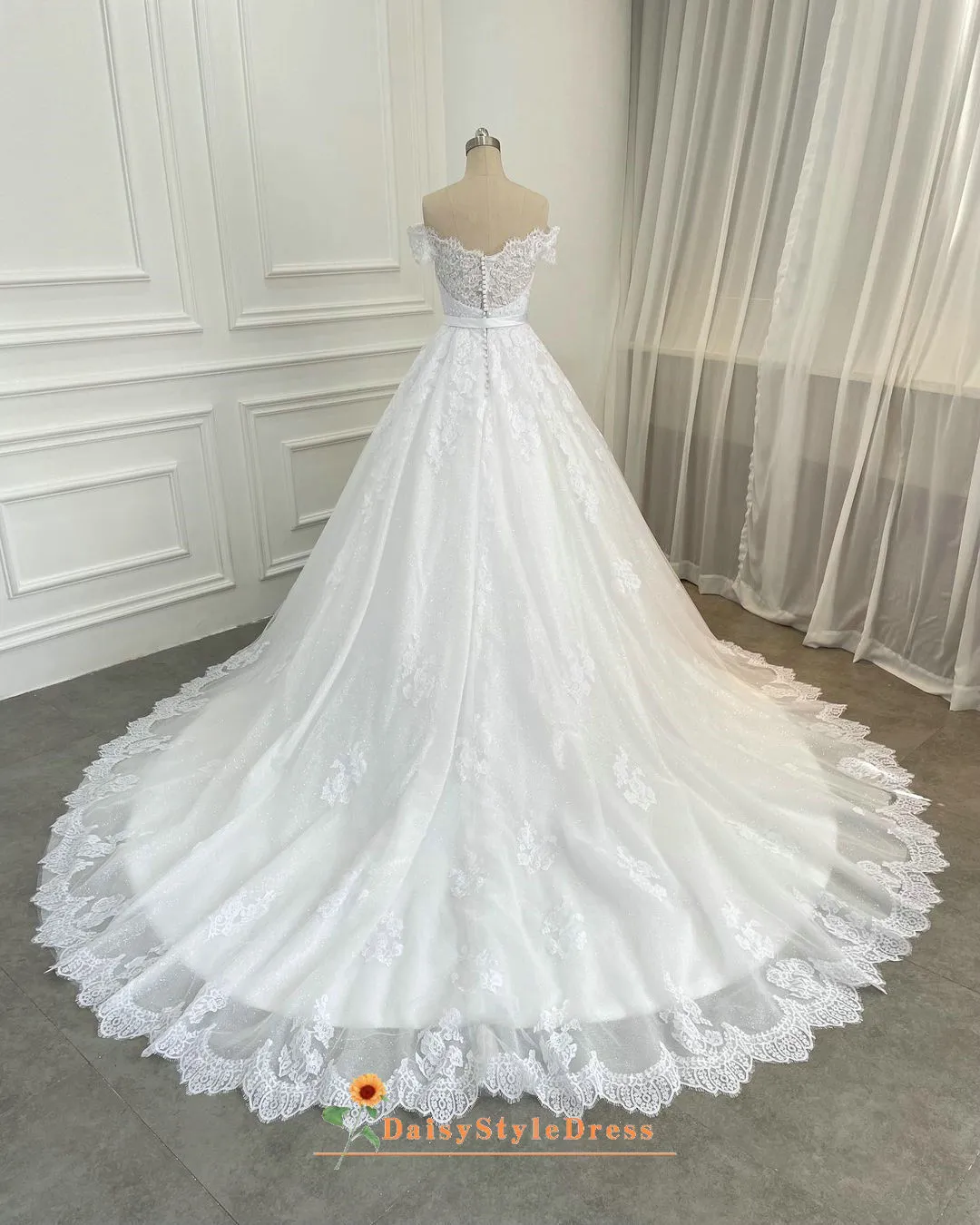Ball Gown Off Shoulder Sleeve White Lace Wedding Dress