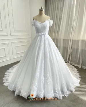 Ball Gown Off Shoulder Sleeve White Lace Wedding Dress
