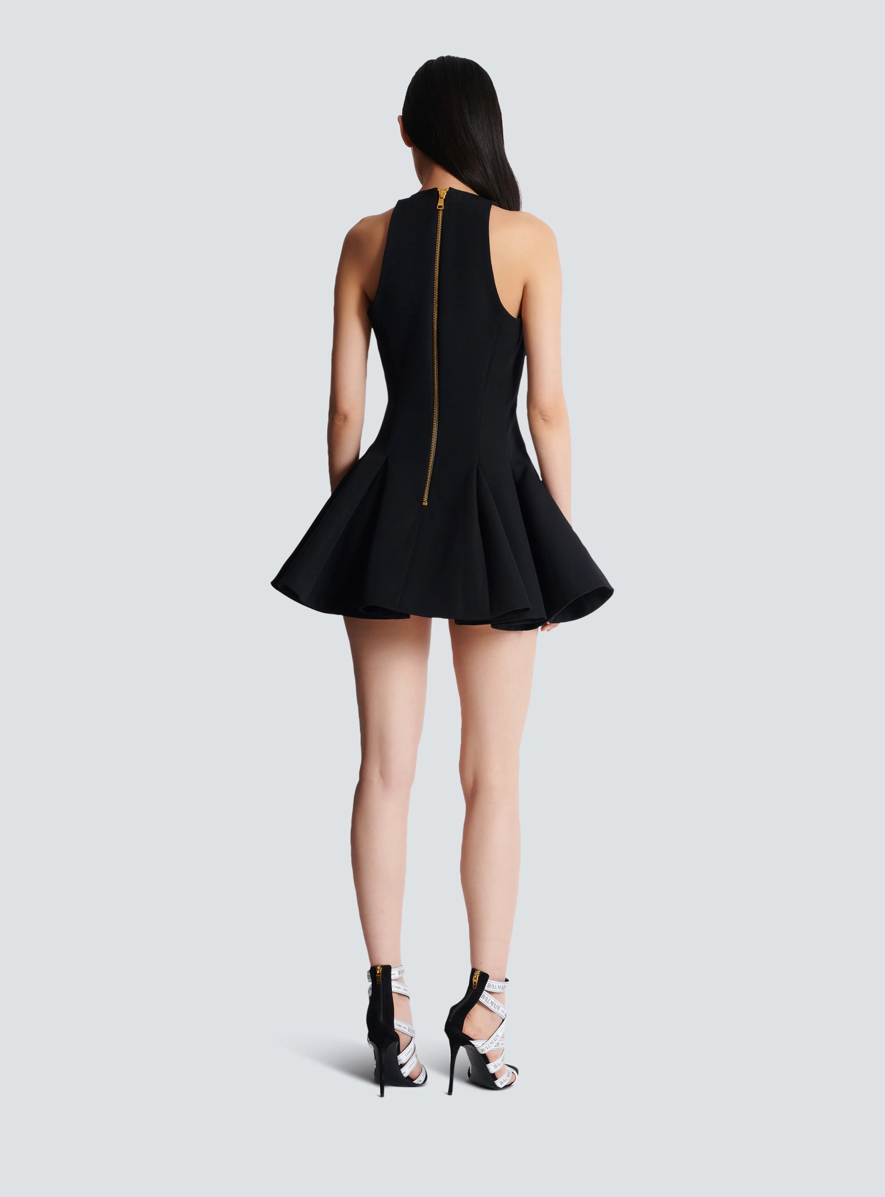 Balmain Flared Pleated Grain De Poudre Dress in Noir