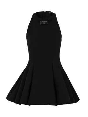 Balmain Flared Pleated Grain De Poudre Dress in Noir