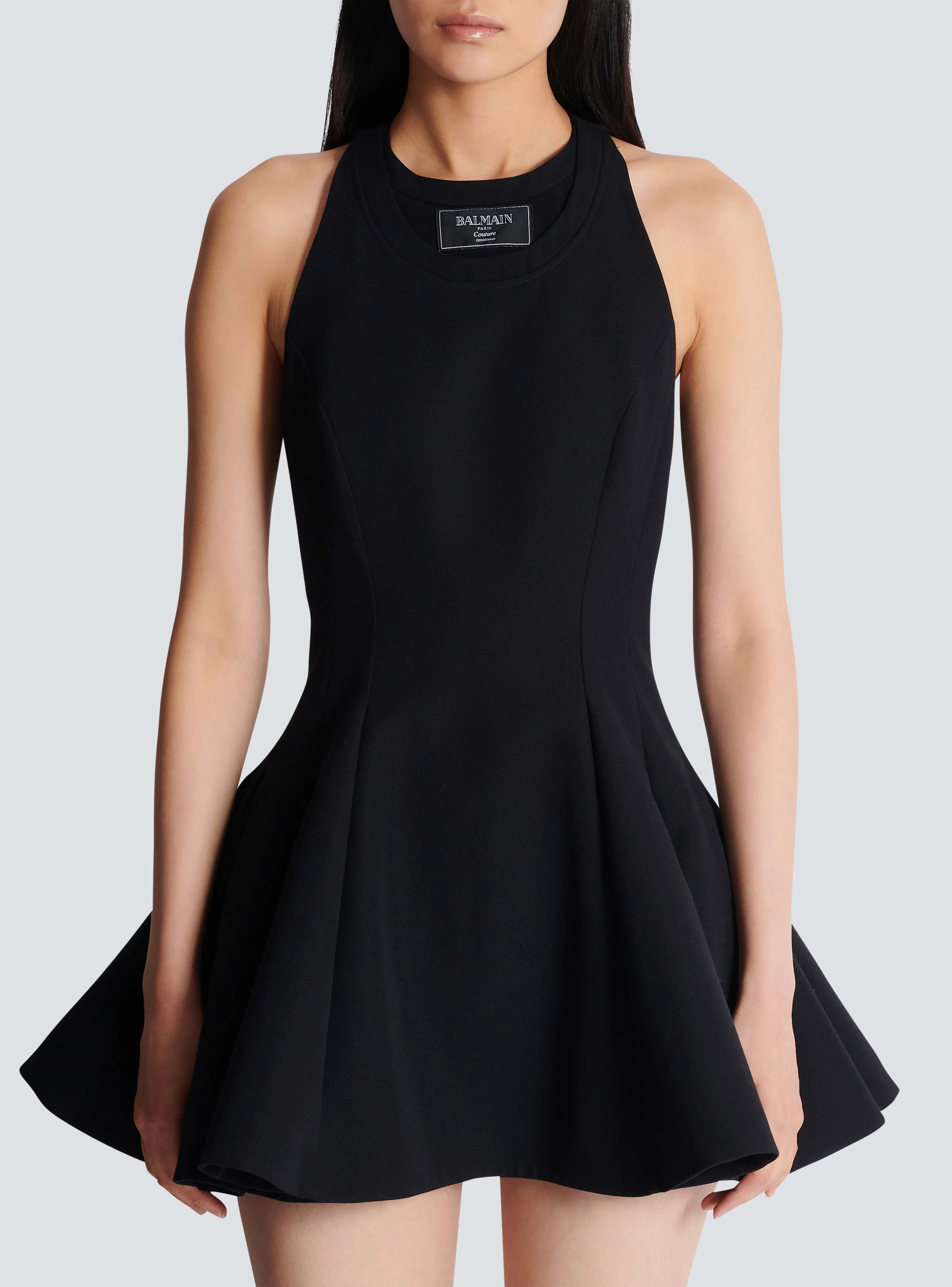 Balmain Flared Pleated Grain De Poudre Dress in Noir