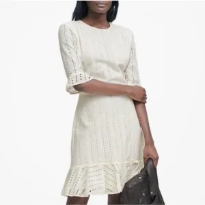 Banana Republic Eyelet Fit &amp; Flare Dress Cream Size 4 Tall