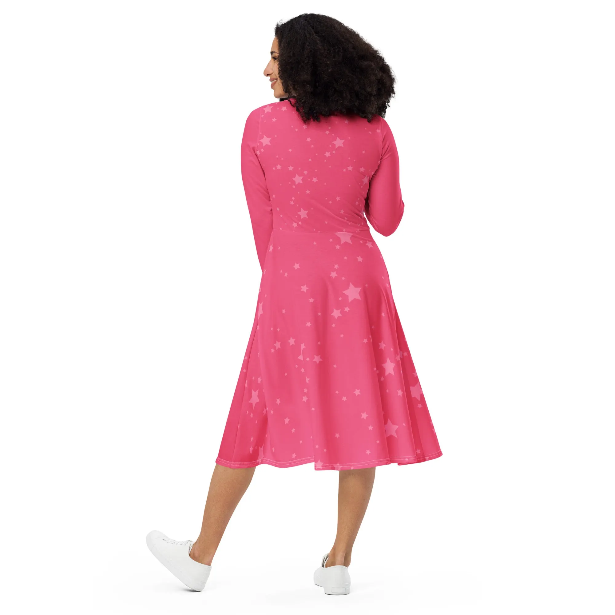 Barbie Pink two toned stars all-over print long sleeve midi dress
