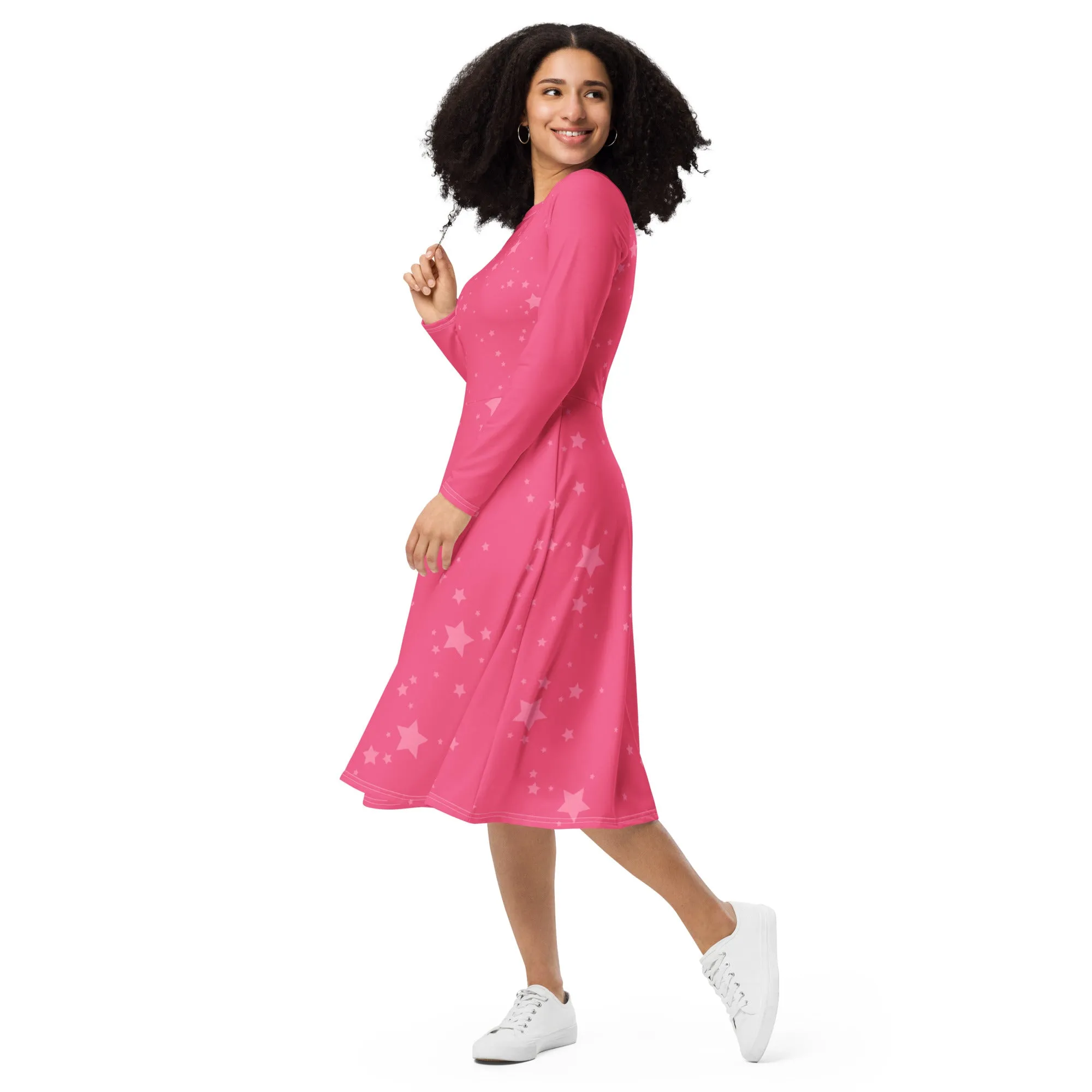 Barbie Pink two toned stars all-over print long sleeve midi dress