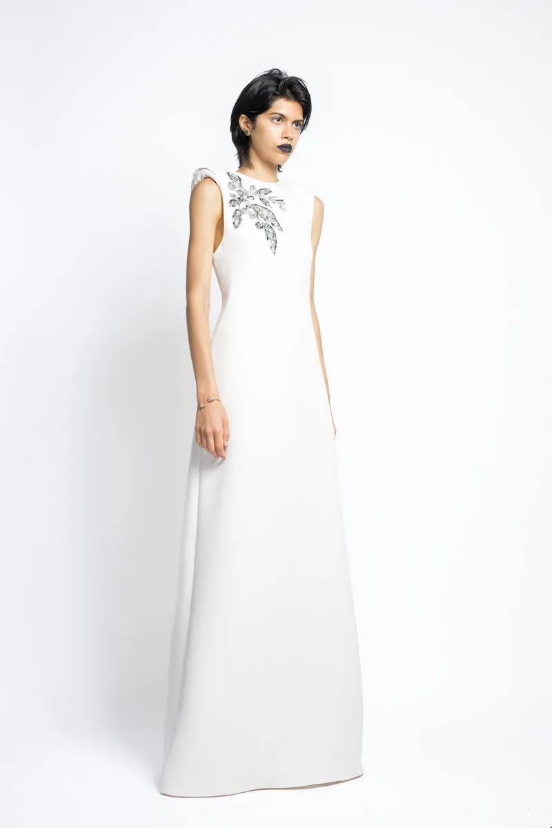 Bay Leaf Sequin And Crystal Embroidery Cady Gown With Sharp Shoulders