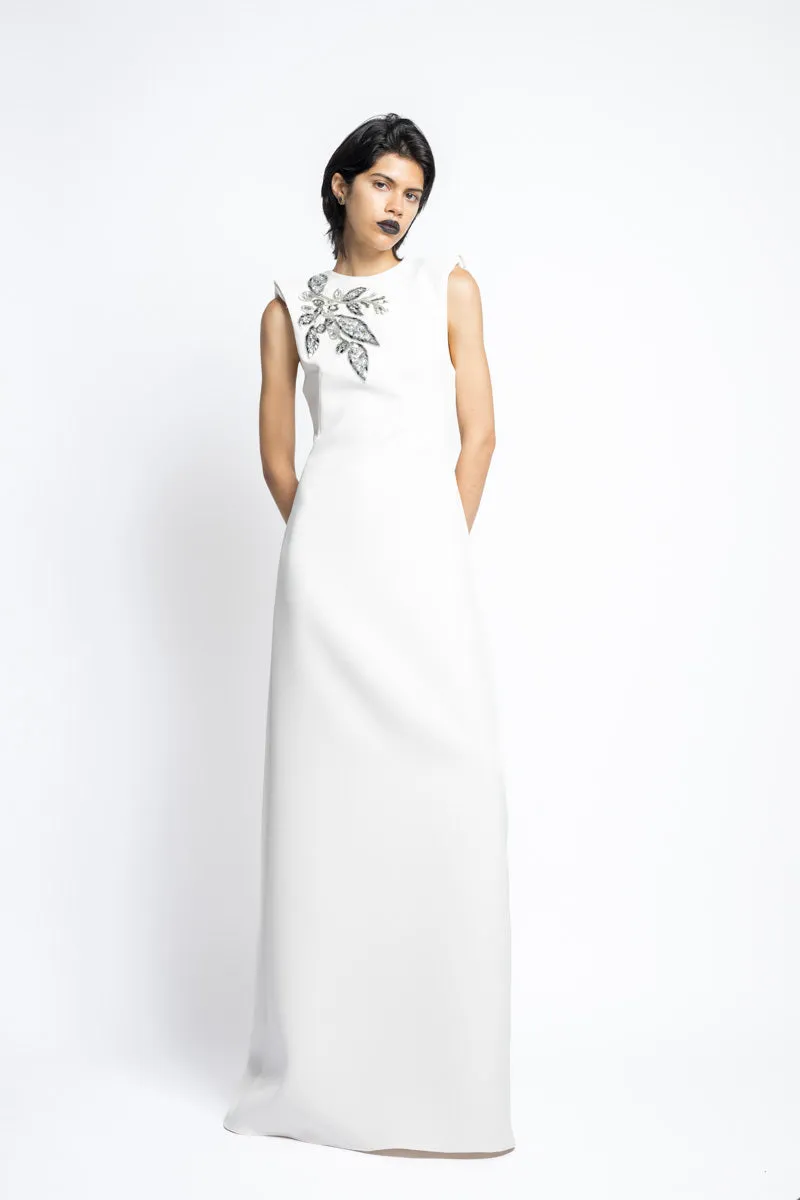 Bay Leaf Sequin And Crystal Embroidery Cady Gown With Sharp Shoulders