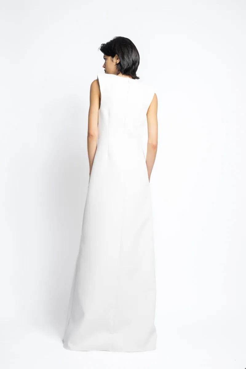Bay Leaf Sequin And Crystal Embroidery Cady Gown With Sharp Shoulders