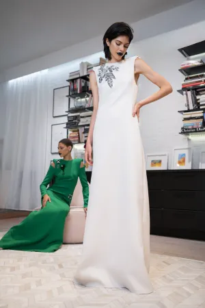 Bay Leaf Sequin And Crystal Embroidery Cady Gown With Sharp Shoulders