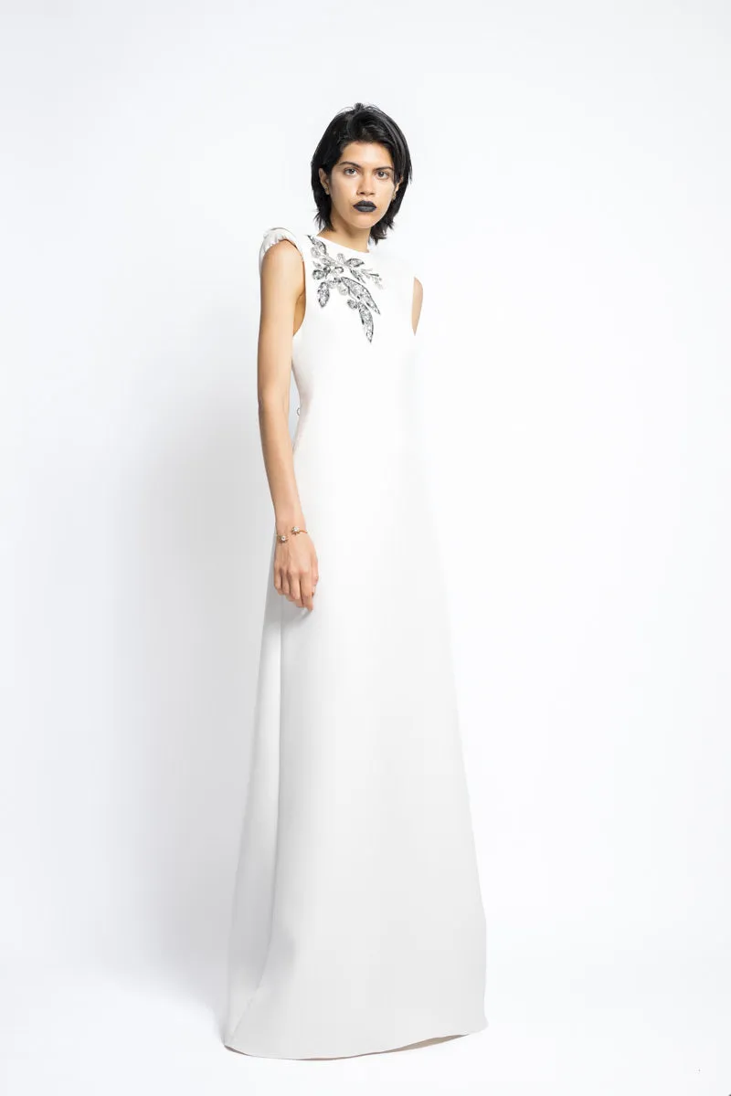 Bay Leaf Sequin And Crystal Embroidery Cady Gown With Sharp Shoulders
