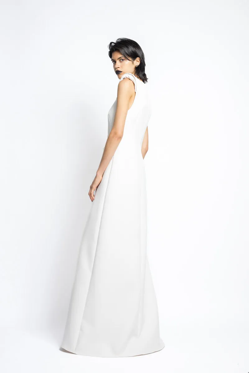 Bay Leaf Sequin And Crystal Embroidery Cady Gown With Sharp Shoulders